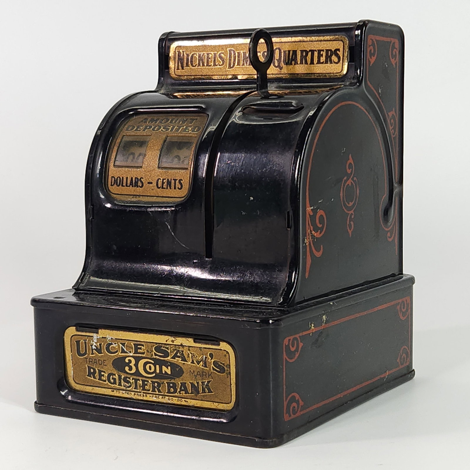 ANTIQUE UNCLE SAM'S 3 COIN REGISTER BANK: REMAINS IN GOOD CONDITION, SHOWING SOME TYPICAL WEAR.
