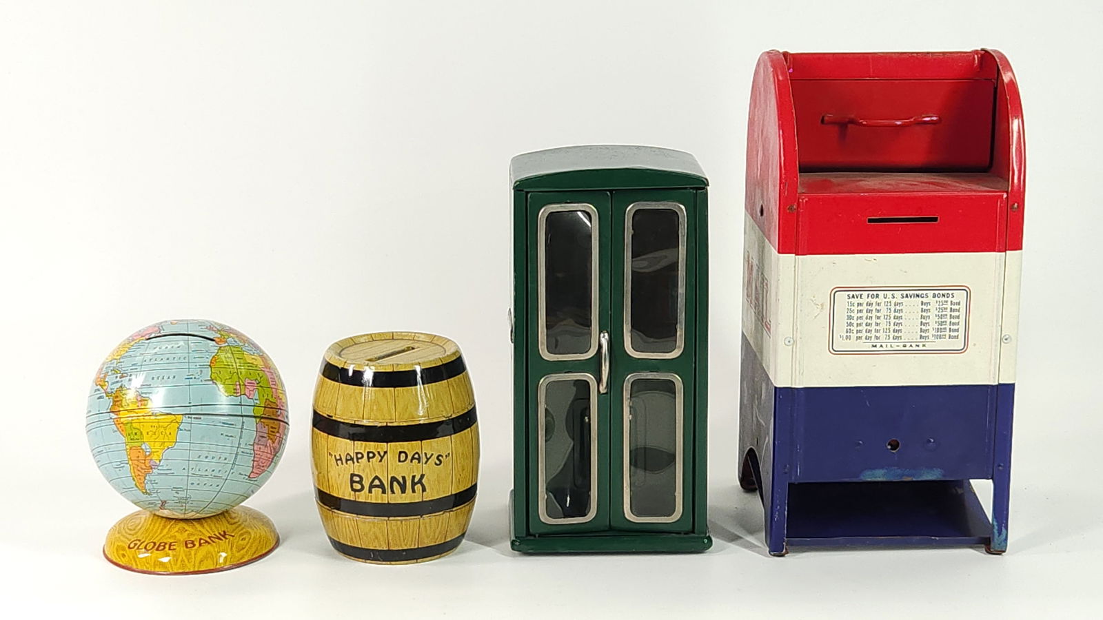 TIN LITHO BANKS - GLOBE, BARREL, PHONE BOOTH, MAILBOX (1 of 5)