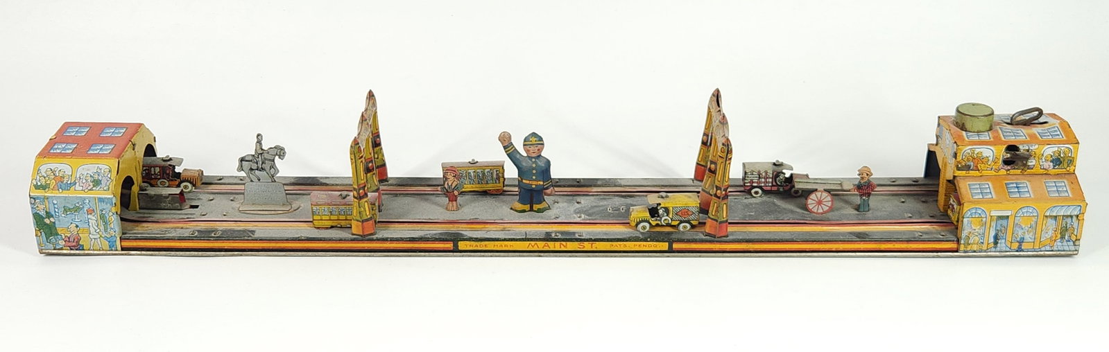 MARX TIN LITHO MAIN ST. TERMINAL TOY: REMAINS IN GOOD CONDITION, SHOWING SOME TYPICAL USAGE WEAR. DUSTY, NEEDS CLEANED.