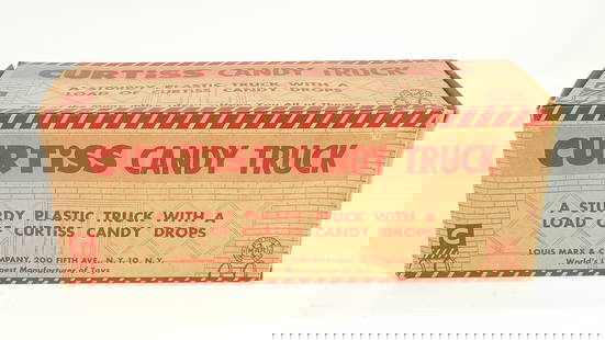 MARX PLASTIC CURTISS CANDY TRUCK NIB: REMAINS NEW UNUSED IN BOX WITH ORIGINAL CANDY. CANDY HAS MELTED SHOWING SOME WEAR. BOX REMAINS IN GOOD CONDITION, SHOWING RESIDUE FROM MELTED CANDY.