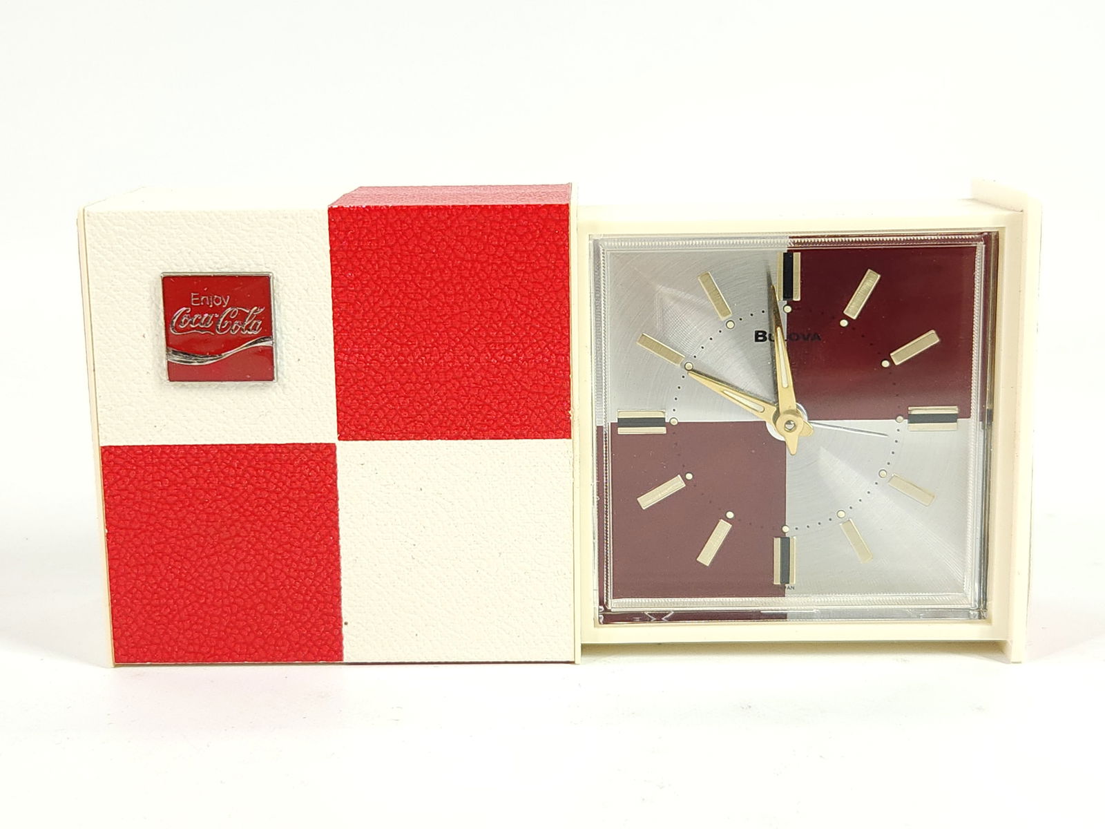 VINTAGE BULOVA COCA COLA SLIDE CLOCK: REMAINS IN GOOD CONDITION, SHOWING SOME TYPICAL WEAR.