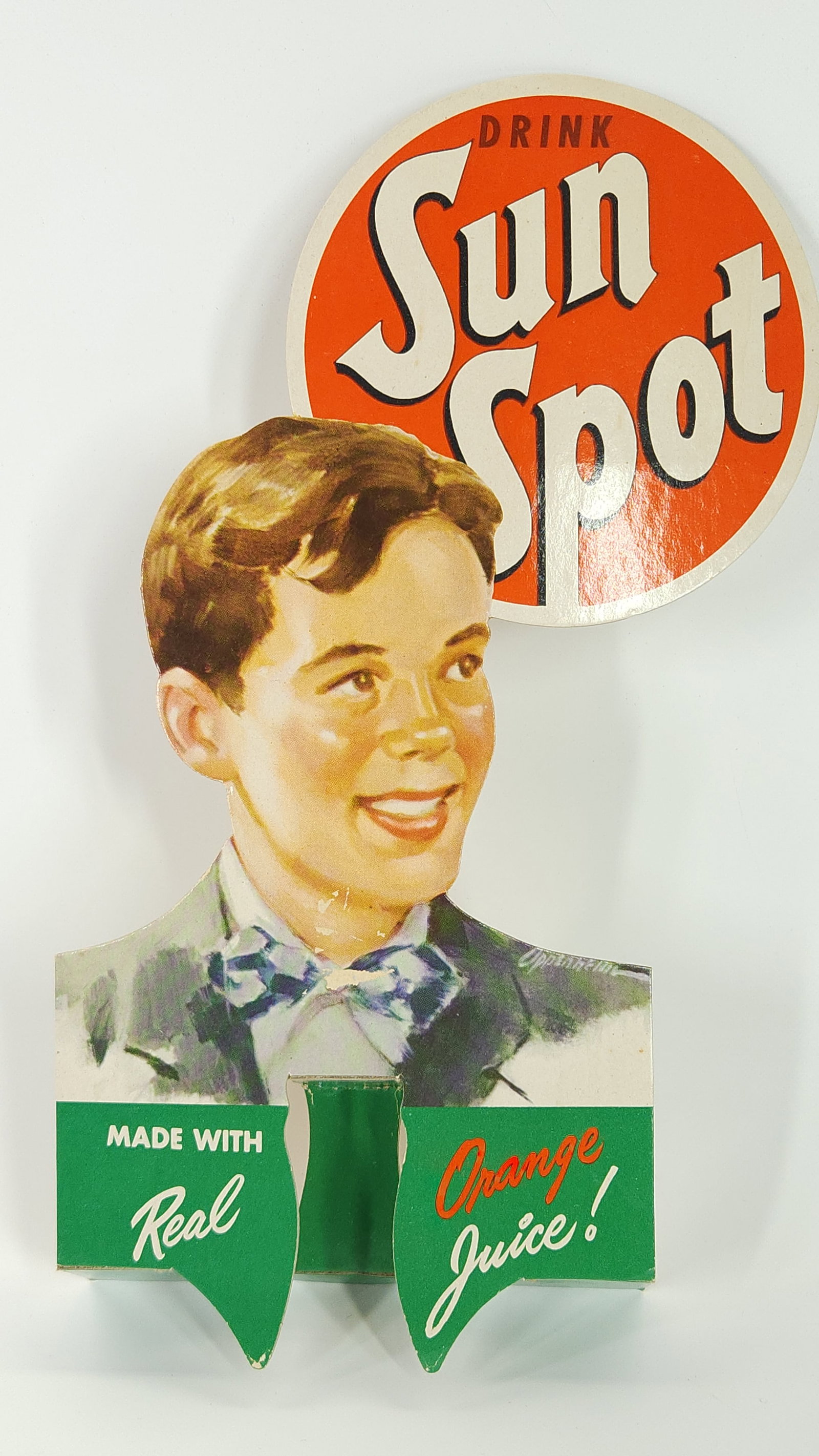 SUN SPOT ORANGE JUICE CARDBOARD BOTTLE TOPPER: REMAINS IN VERY GOOD CLEAN CONDITION.
