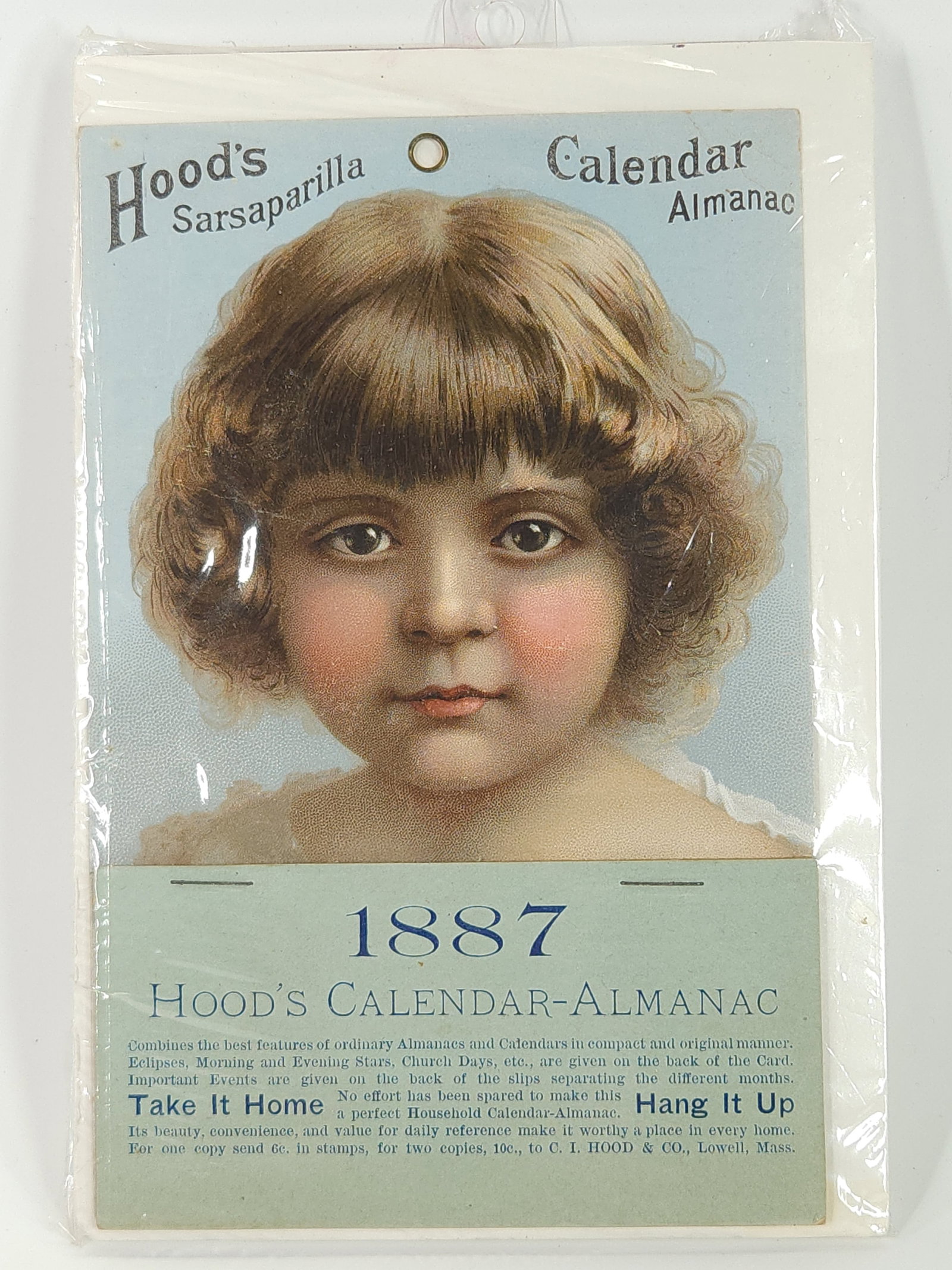 1887 HOOD'S SARSAPARILLA CALENDAR ALMANAC: REMAINS IN GOOD COMPLETE CONDITION. NICELY MATTED AND WRAPPED.