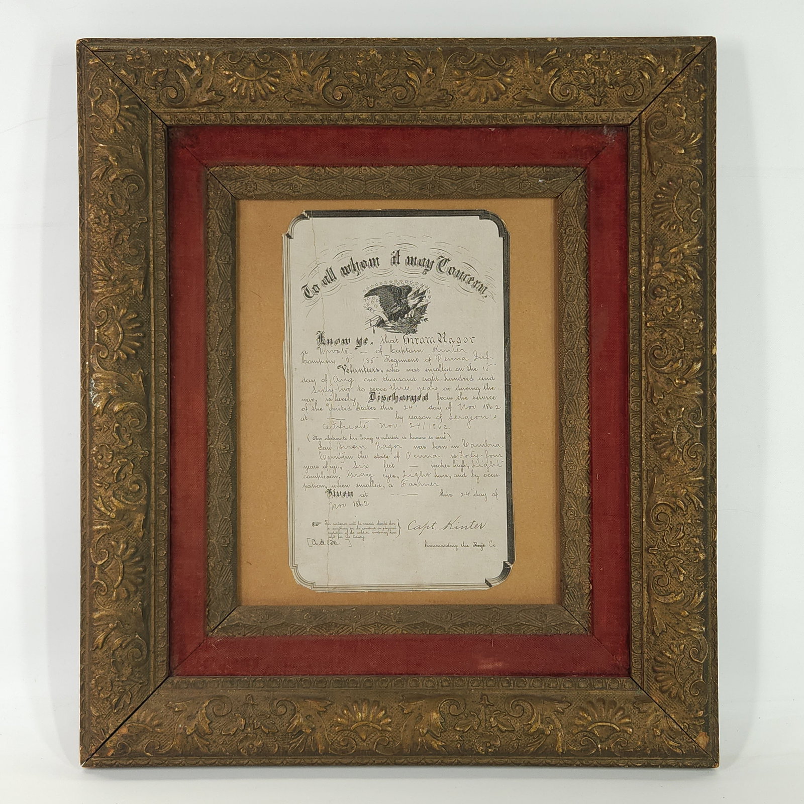 1862 CIVIL WAR DISCHARGE PAPERS FRAMED (1 of 4)