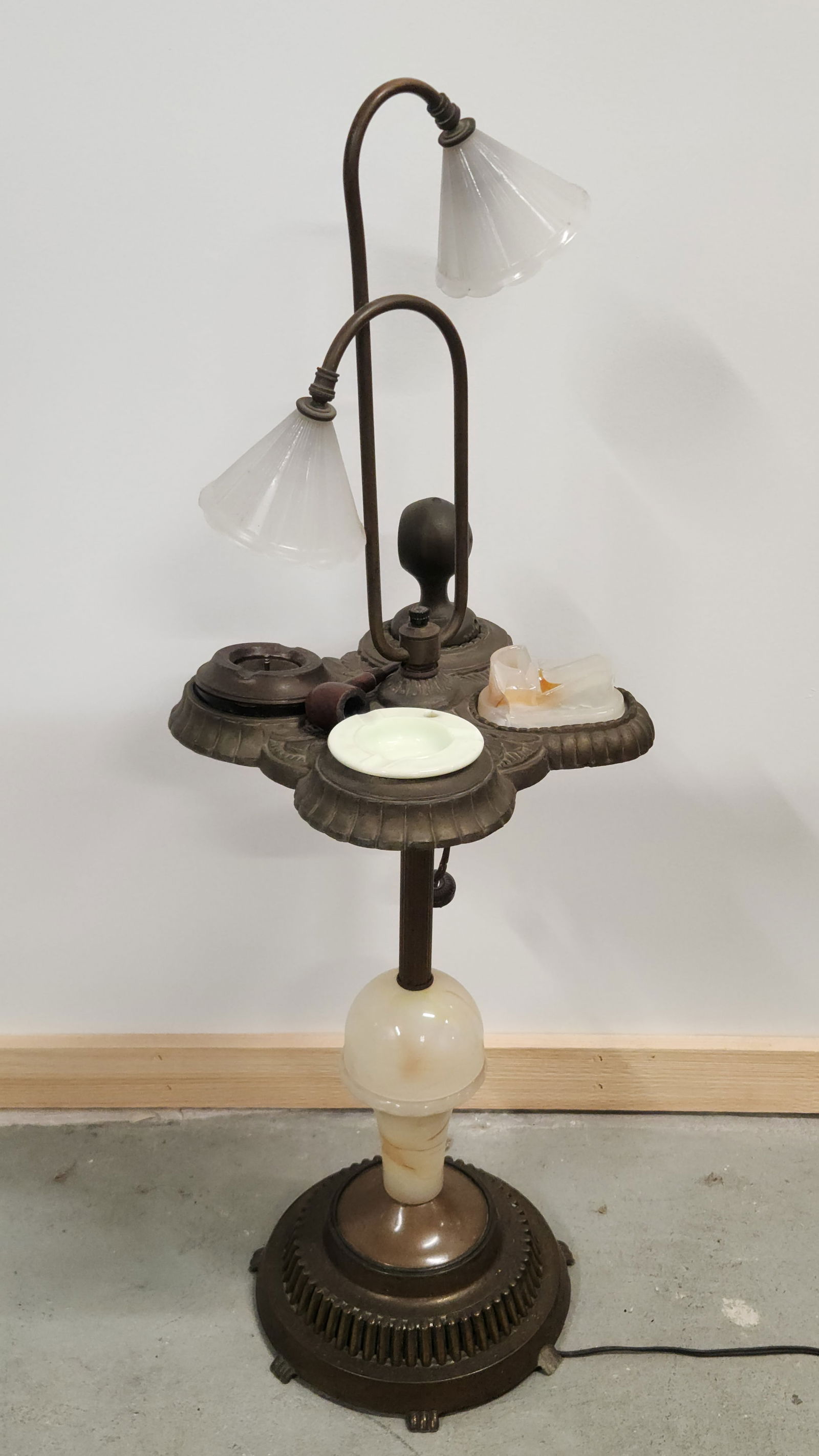 ANTIQUE ART DECO SMOKING STAND: REMAINS IN GOOD CONDITION, SHOWING TYPICAL WEAR. THE SWIRL AGATE PIPE HOLDER HAS CRACKED.