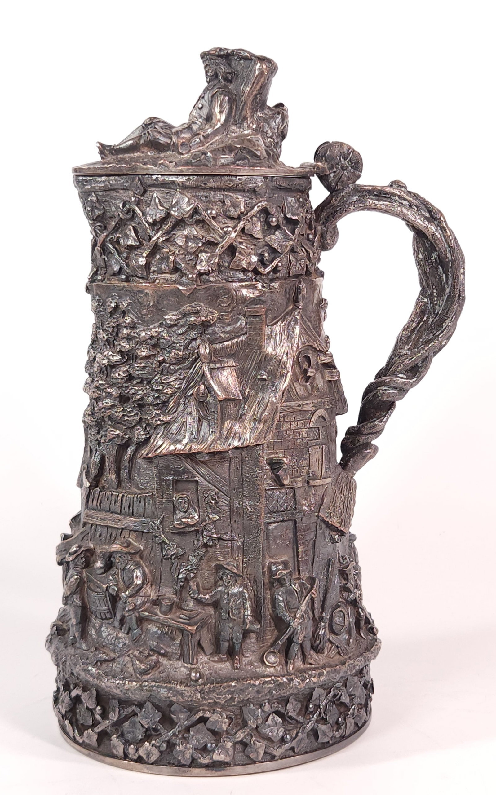 ANTIQUE SILVERPLATE HIGH RELIEF LIDDED TANKARD STEIN (1 of 6)