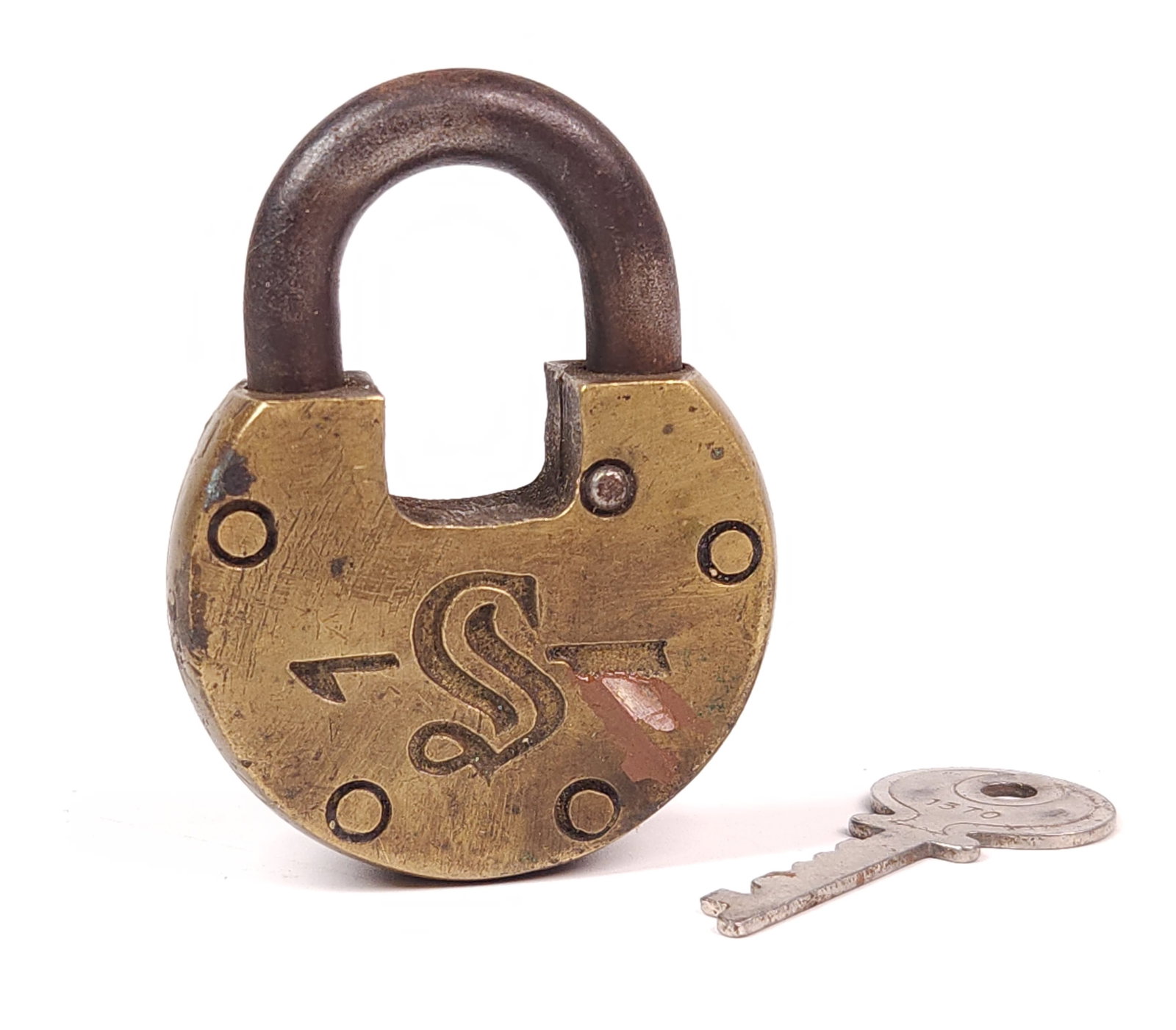 ANTIQUE BRASS SLAYMAKER LOCK W/ KEY (1 of 4)