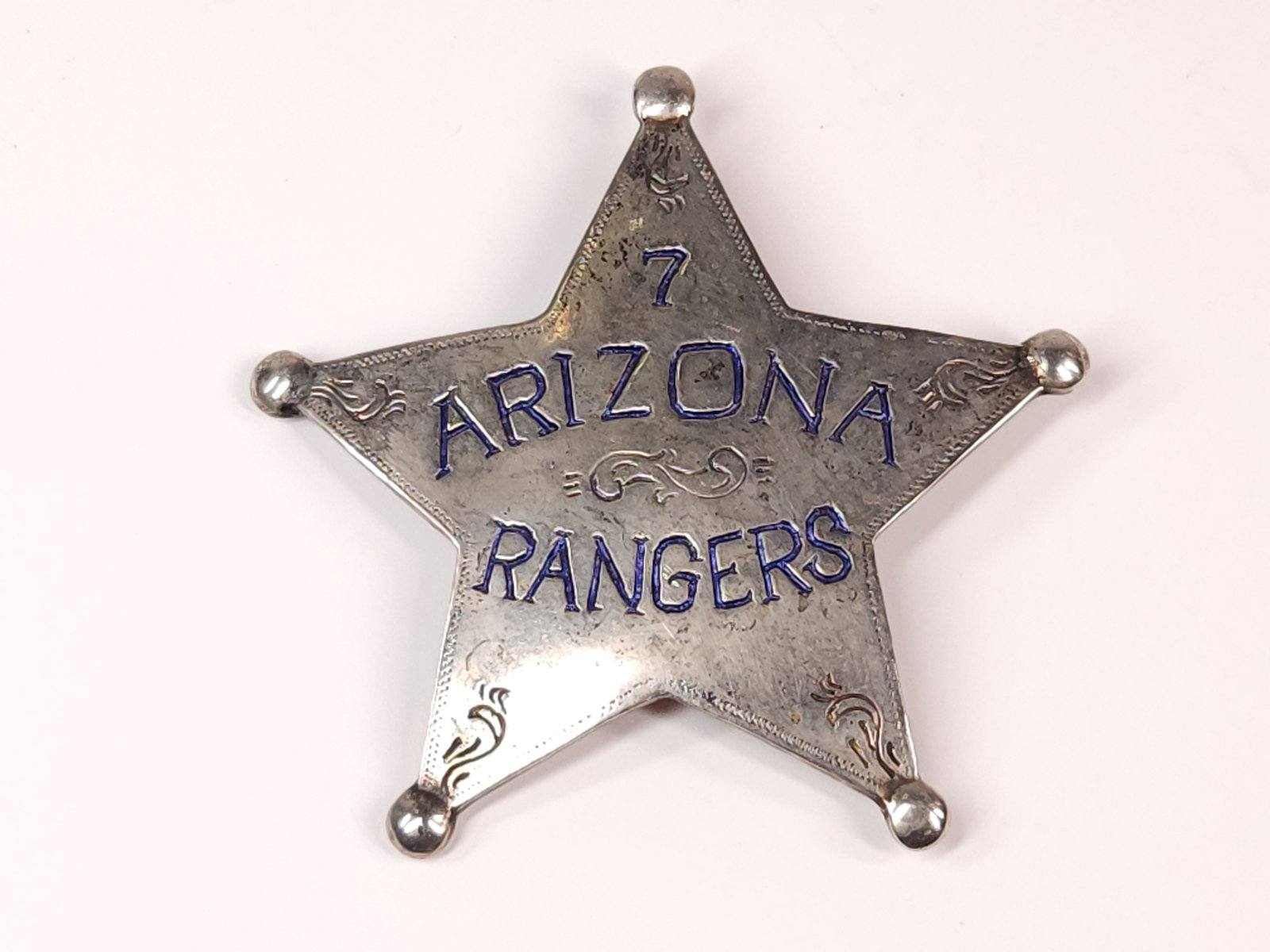 ANTIQUE ENAMELED SILVER PLATE ARIZONA RANGERS BADGE: REMAINS IN GOOD CONDITION, SHOWING SOME TYPICAL WEAR.