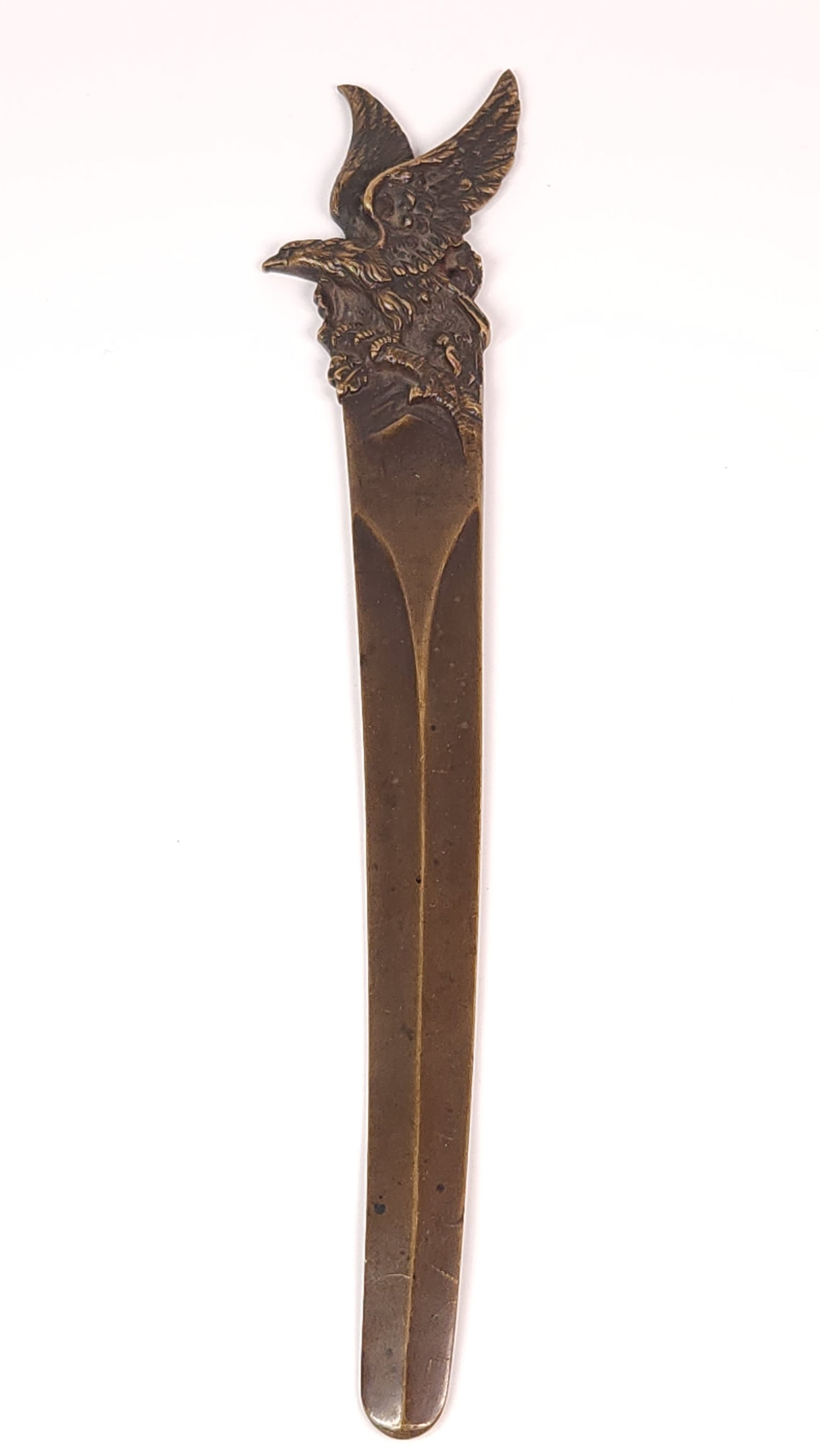 BRONZE EAGLE ON BRANCH T. MILLER LETTER OPENER: REMAINS IN GOOD CONDITION, SHOWING SOME TYPICAL WEAR.