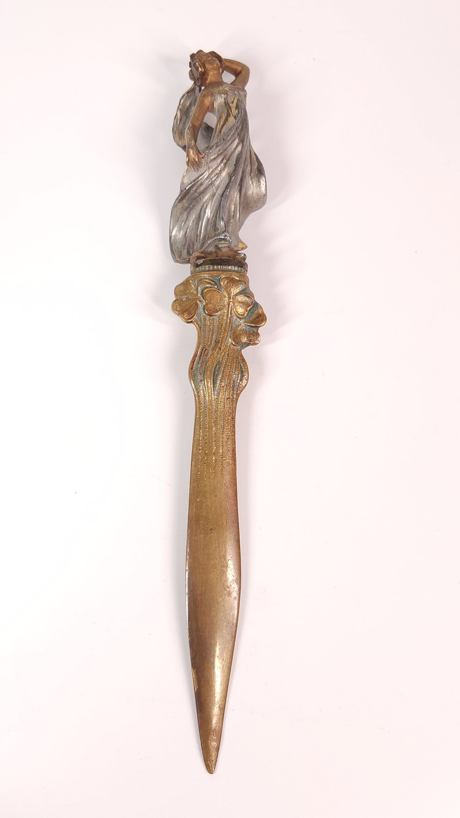 ANTIQUE CAST METAL ART NOUVEAU LETTER OPENER: REMAINS IN GOOD CONDITION, SHOWING SOME TYPICAL WEAR.
