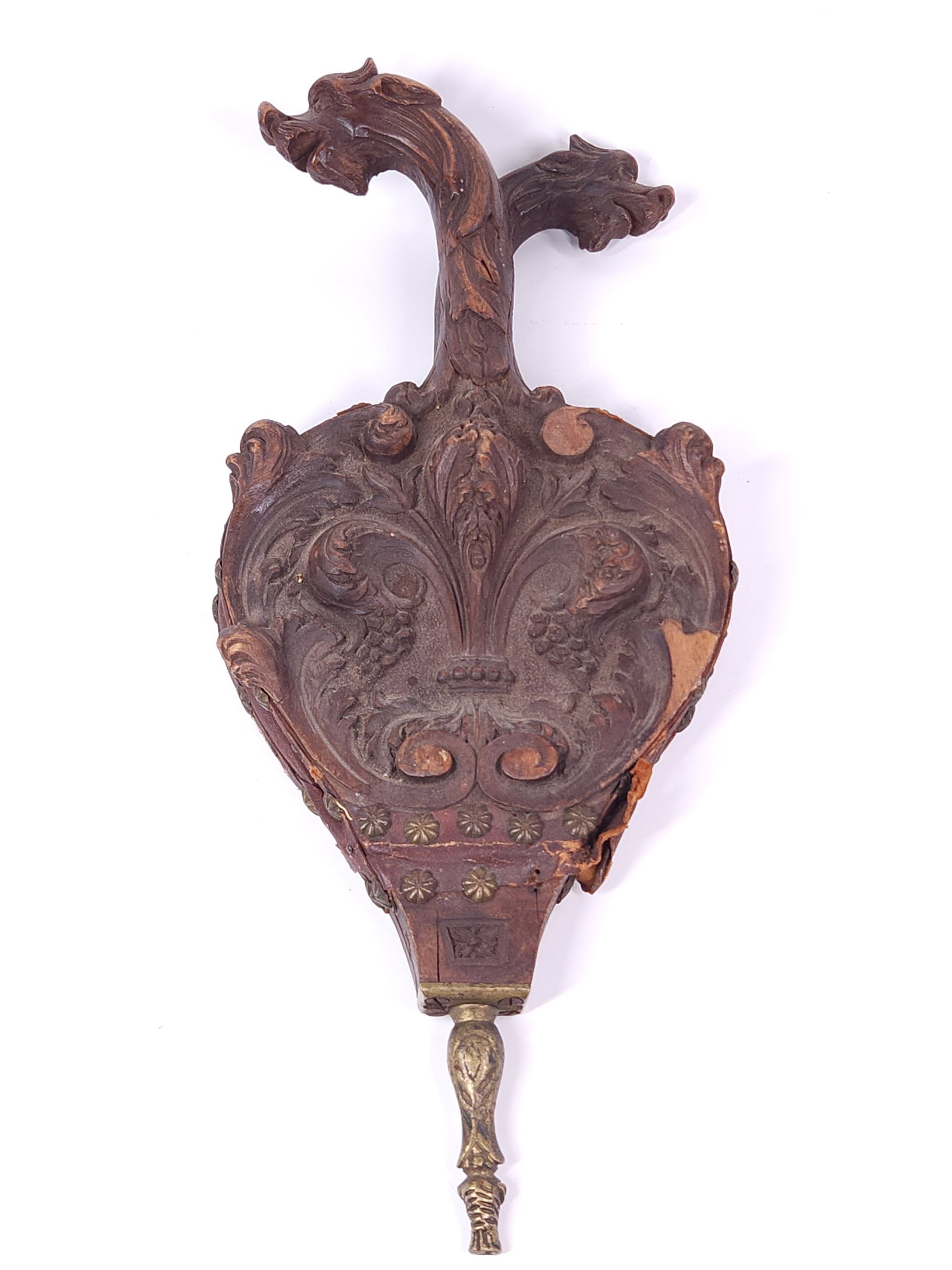 ANTIQUE BLACK FOREST CARVED DRAGON HANDLE BELLOWS: REMAINS IN POOR CONDITION, SHOWING DAMAGE AND REPAIRS THROUGHOUT.