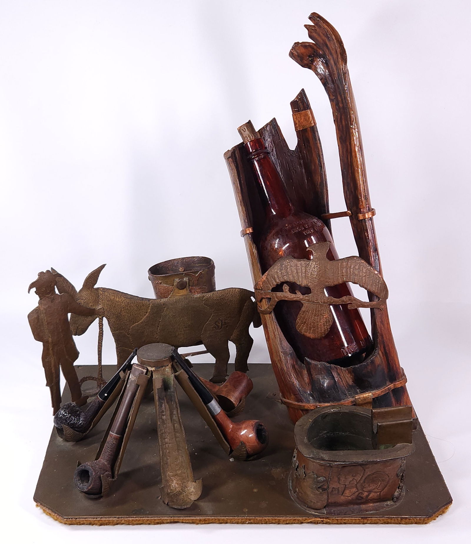 ANTIQUE WOOD BRASS & COPPER FOLK ART BOTTLE PIPE CIGAR MATCH STAND (1 of 9)