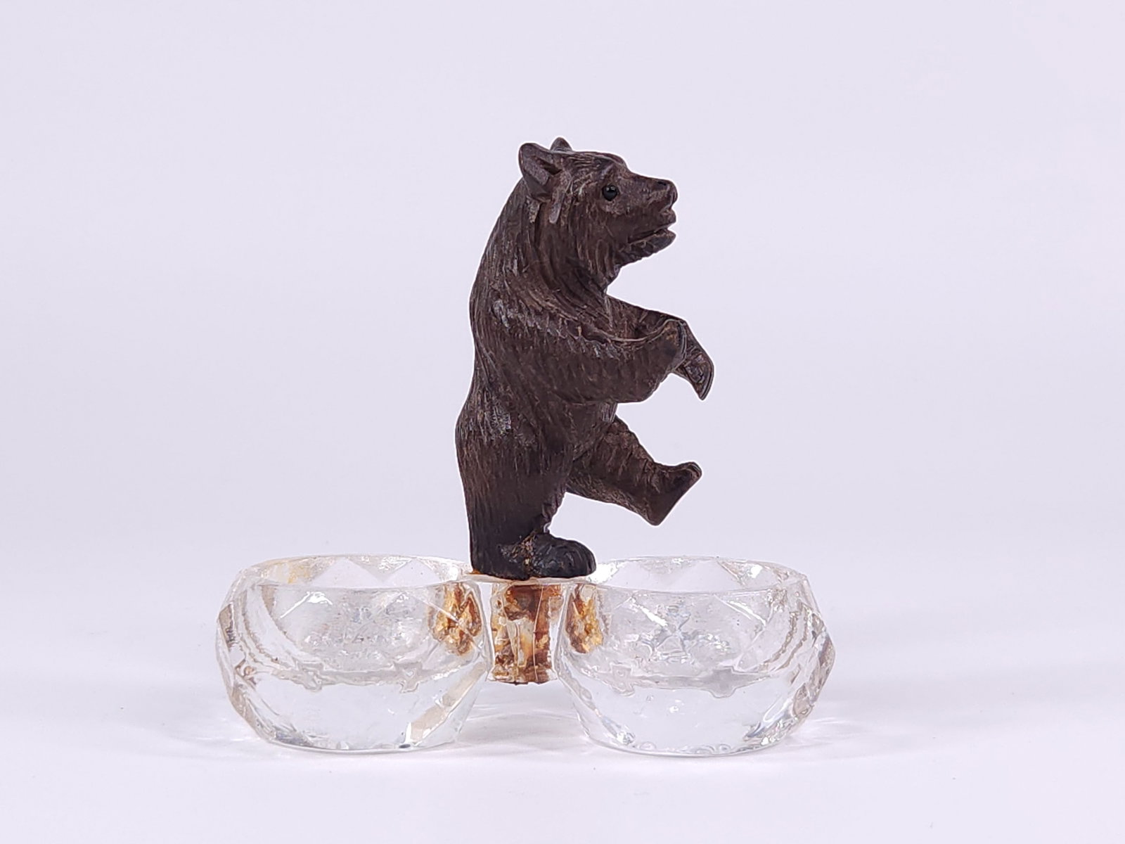 BLACK FOREST CARVED BEAR ON GLASS DOUBLE SALT (1 of 4)