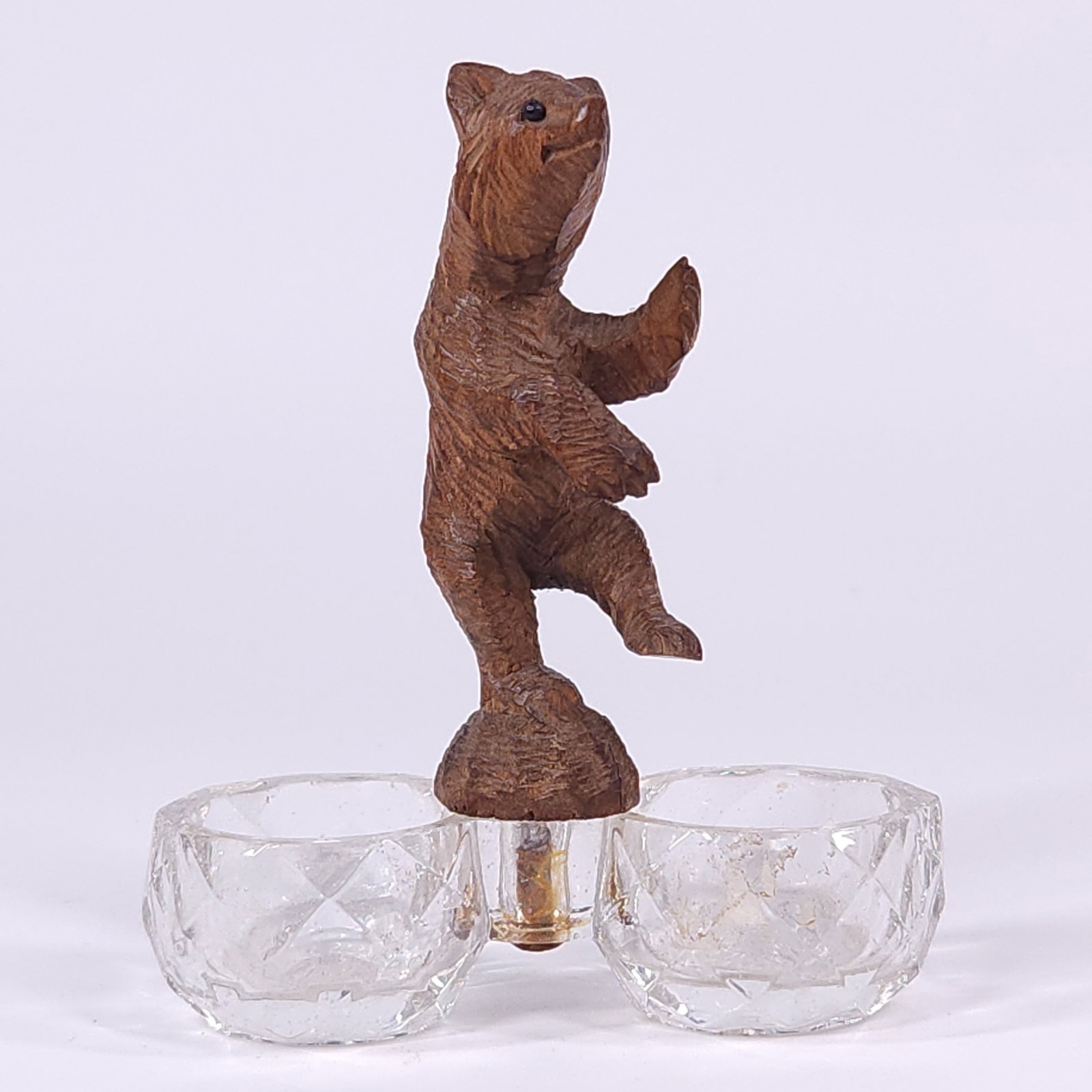 BLACK FOREST CARVED BEAR ON GLASS DOUBLE SALT (1 of 4)