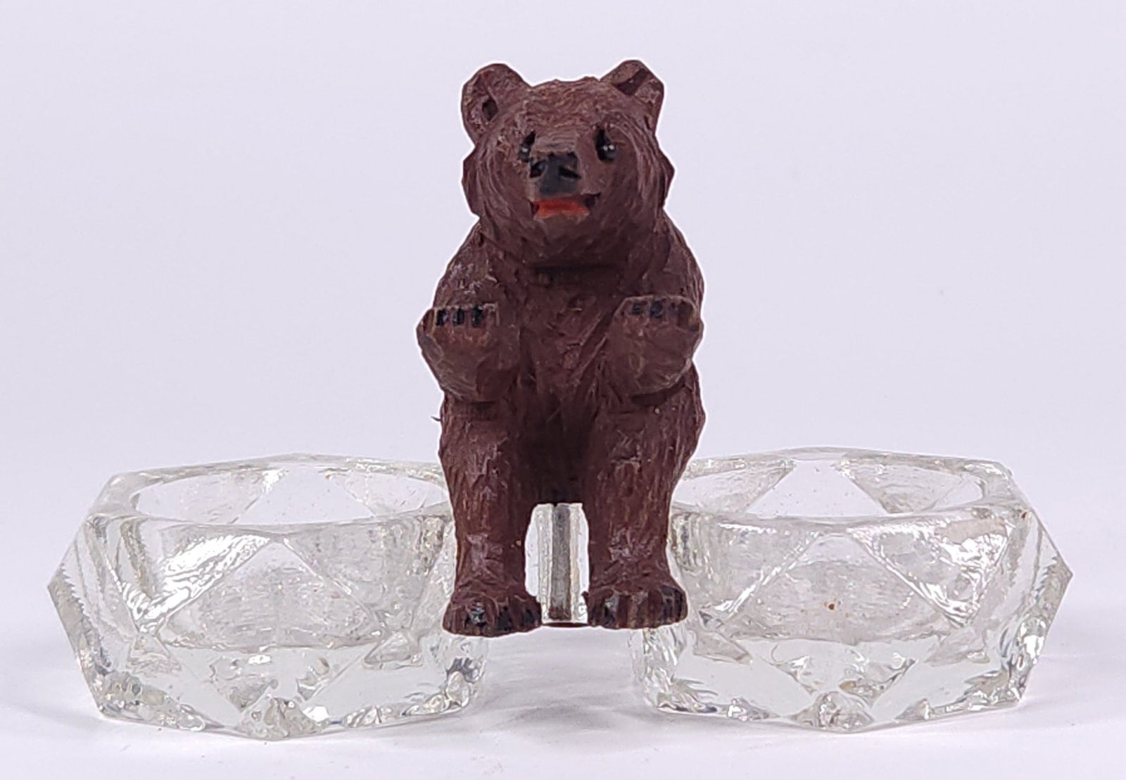 BLACK FOREST CARVED BEAR ON GLASS DOUBLE SALT (1 of 6)
