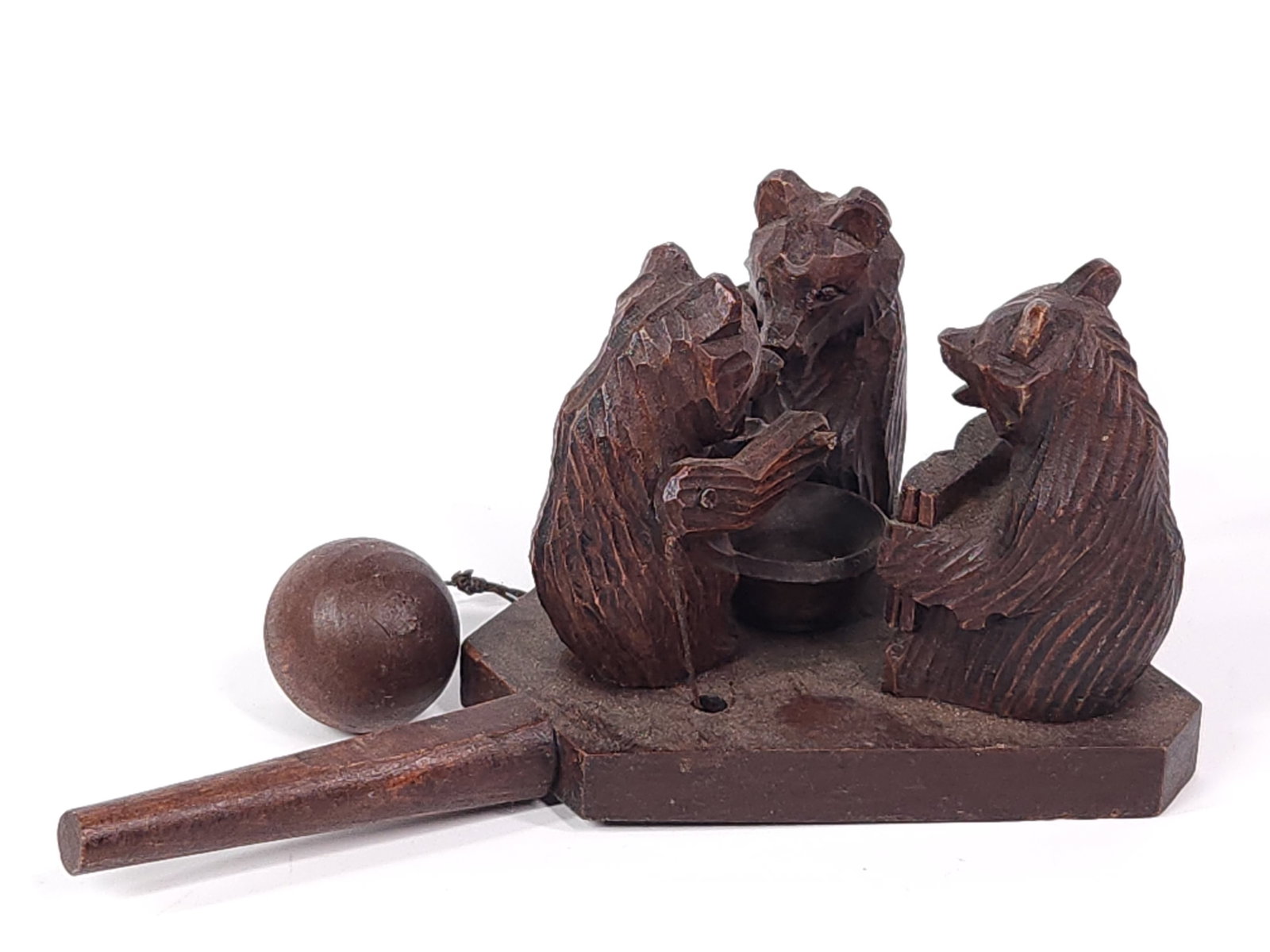 ANTIQUE BLACK FOREST WOOD CARVED BEARS PLAYING GAME: REMAINS IN GOOD CONDITION, SHOWING SOME TYPICAL WEAR CONSISTENT WITH AGE AND USE. DUSTY. NEEDS CLEANED.