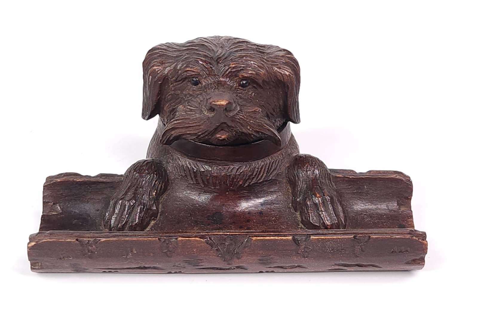 BLACK FOREST WOOD CARVED DOG INKWELL PEN STAND (1 of 6)