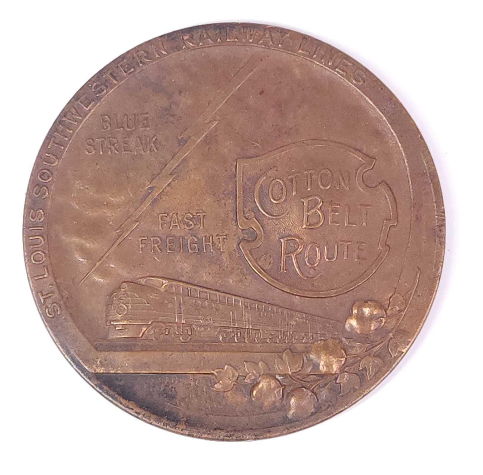 COTTON BELT ROUTE ADVERTISING BRONZE MEDALLION: REMAINS IN GOOD CONDITION, SHOWING SOME TYPICAL WEAR.