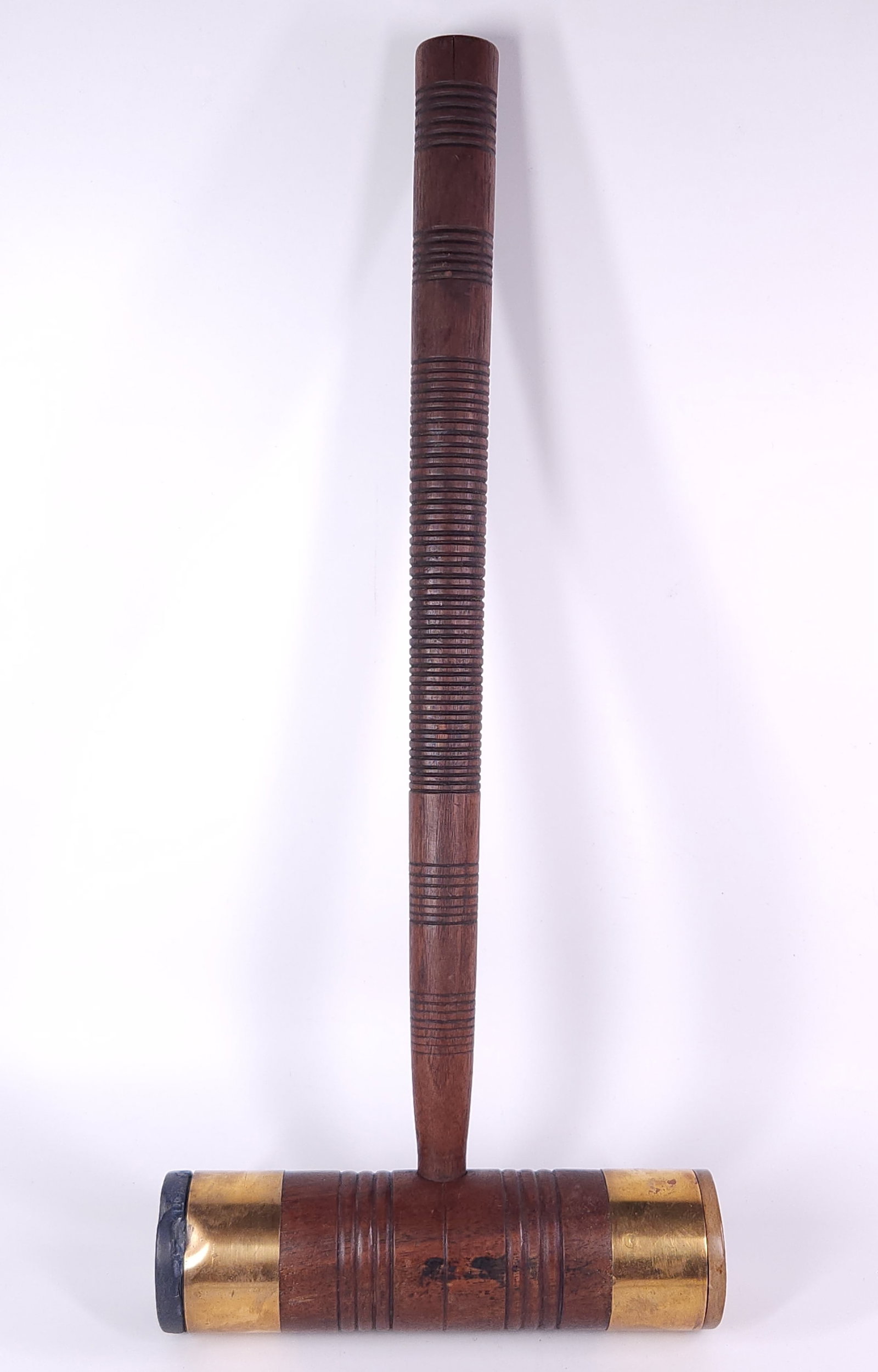 ANTIQUE CROQUET MALLET: REMAINS IN FAIR TO GOOD USED CONDITION. HAS CHIP ON ONE OF THE HEADS.