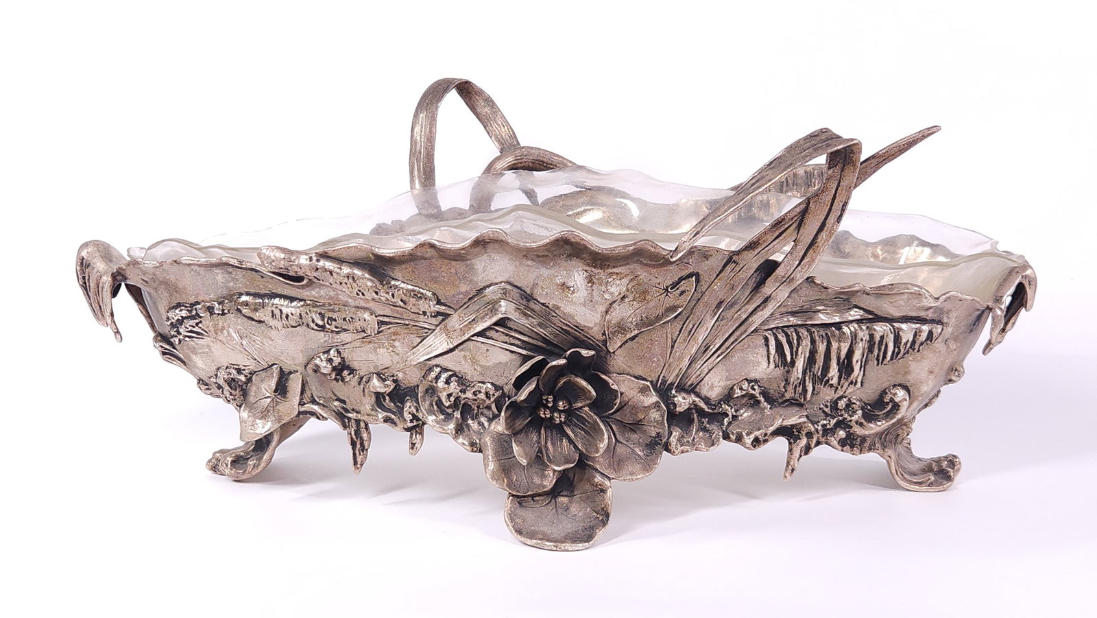 ANTIQUE SILVER PLATED BOWL W/ DRAGONFLY & CATTAILS (1 of 6)