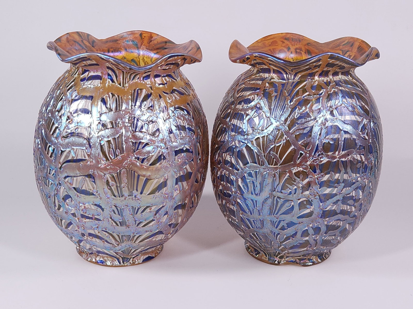 PAIR OF AMERICAN DURAND ART GLASS MOORISH CRACK TORCHIERE LAMP SHADES: BOTH REMAIN IN FAIR TO GOOD CONDITION, SHOWING SOME TYPICAL WEAR. BOTH WITH A FEW CHIPS ALONG SHADE EDGES AS SHOWN.