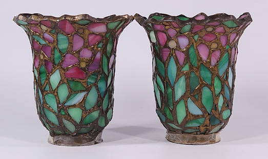 PAIR OF ANTIQUE SLAG GLASS & BRONZE LAMP SHADES: BOTH REMAIN IN GOOD CONDITION, SHOWING SOME TYPICAL WEAR.