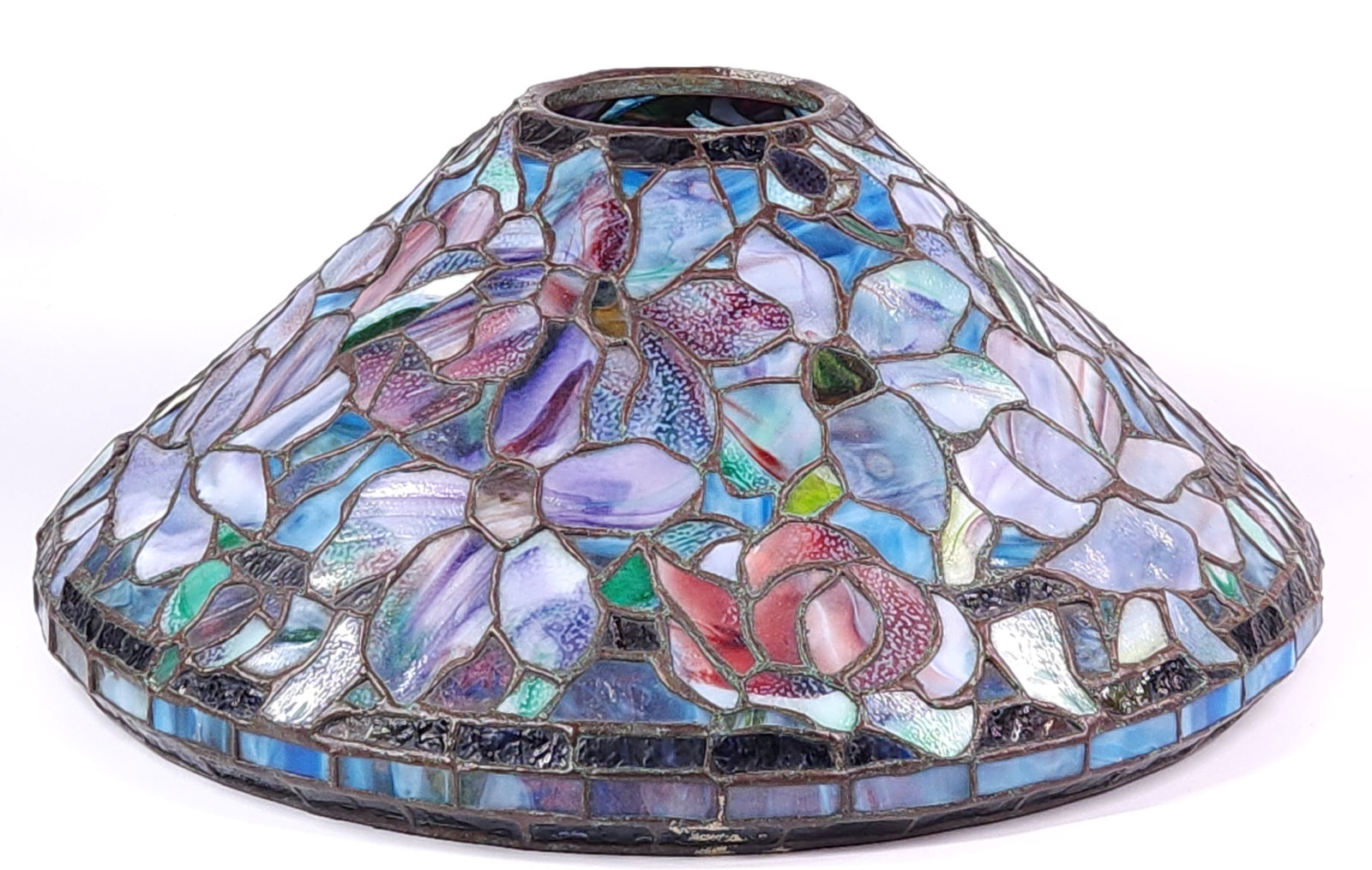 ANTIQUE CAST METAL & SLAG GLASS LAMP SHADE (1 of 6)