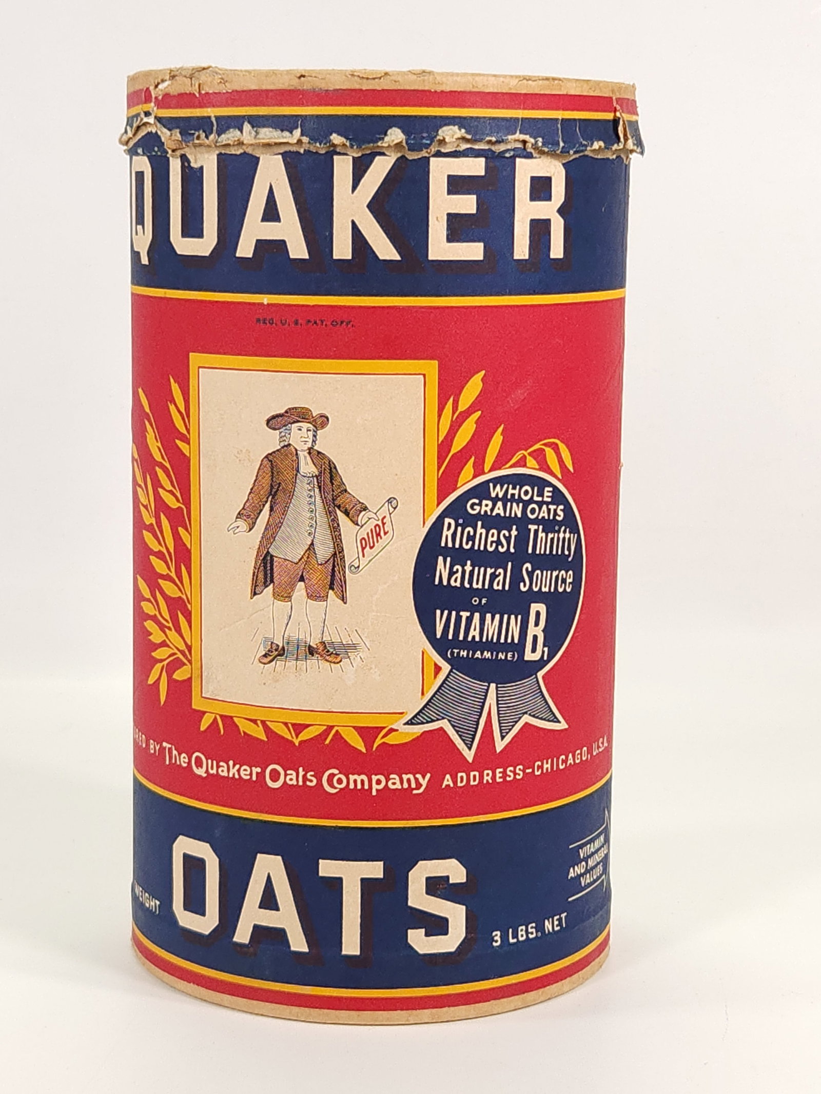 QUAKER OATS 3LBS OAT CONTAINER: REMAINS IN GOOD CONDITION, SHOWING SOME TYPICAL WEAR.