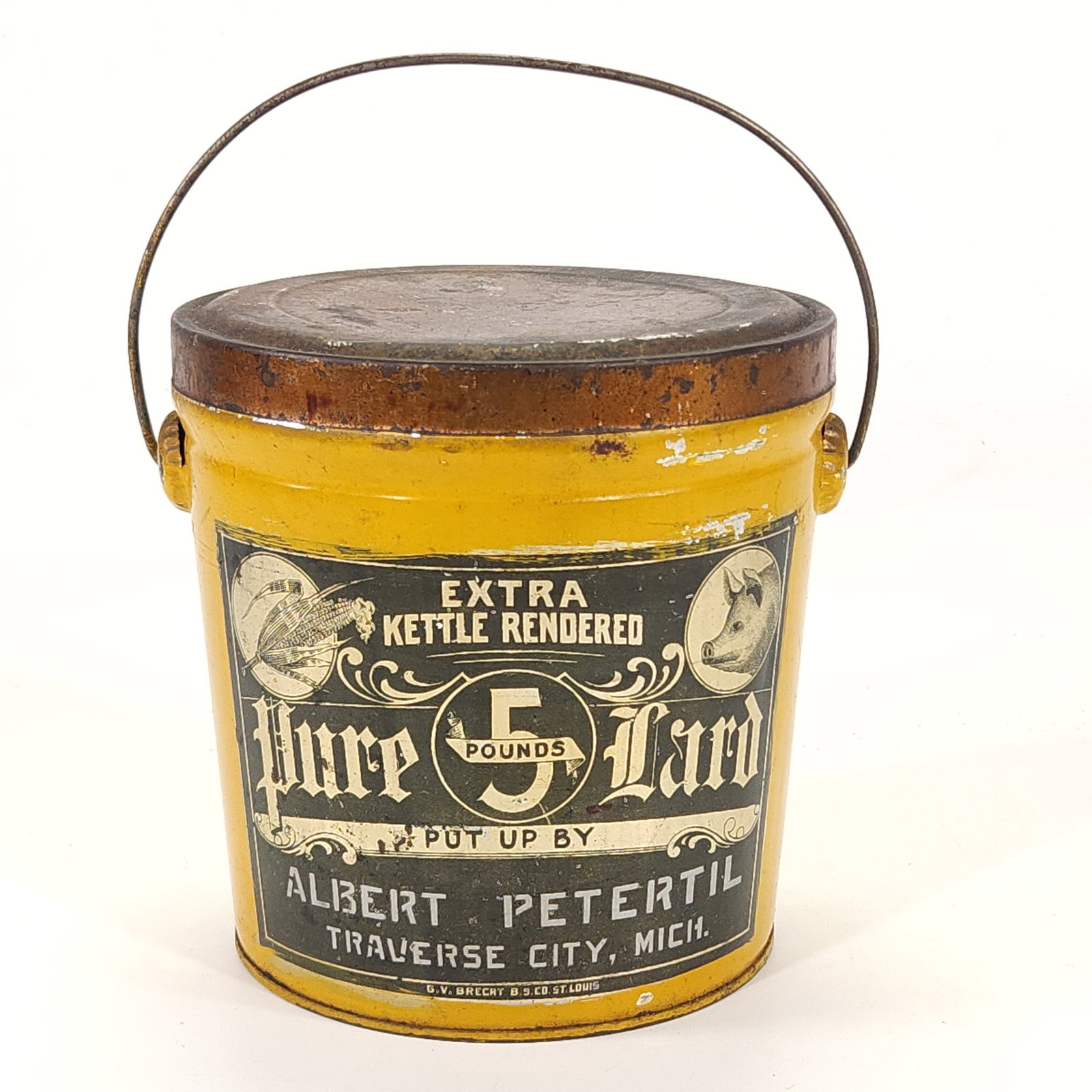 ALBERT PETERTIL MICHIGAN 5 LB LARD TIN W/ HANDLE: REMAINS IN FAIR TO GOOD CONDITION, SHOWING SOME TYPICAL WEAR.