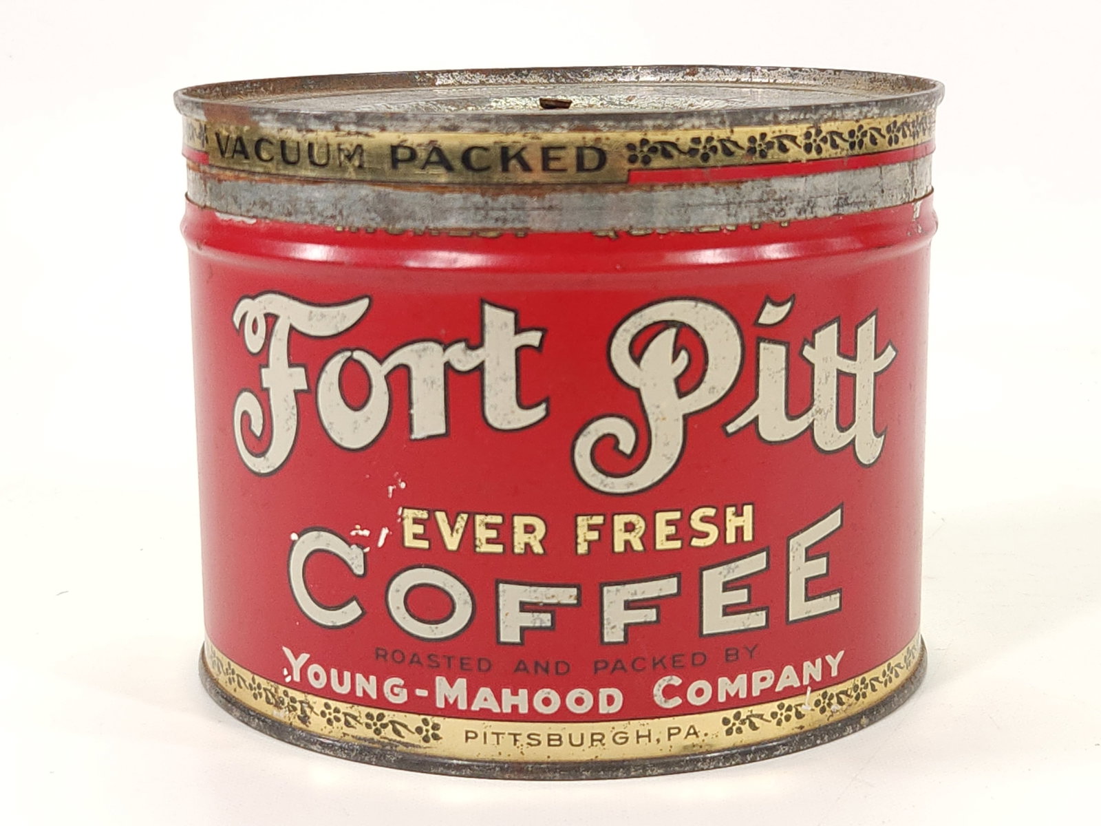 FORT PITT COFFEE TIN PITTSBURGH PA: REMAINS IN GOOD CONDITION, SHOWING SOME TYPICAL WEAR.