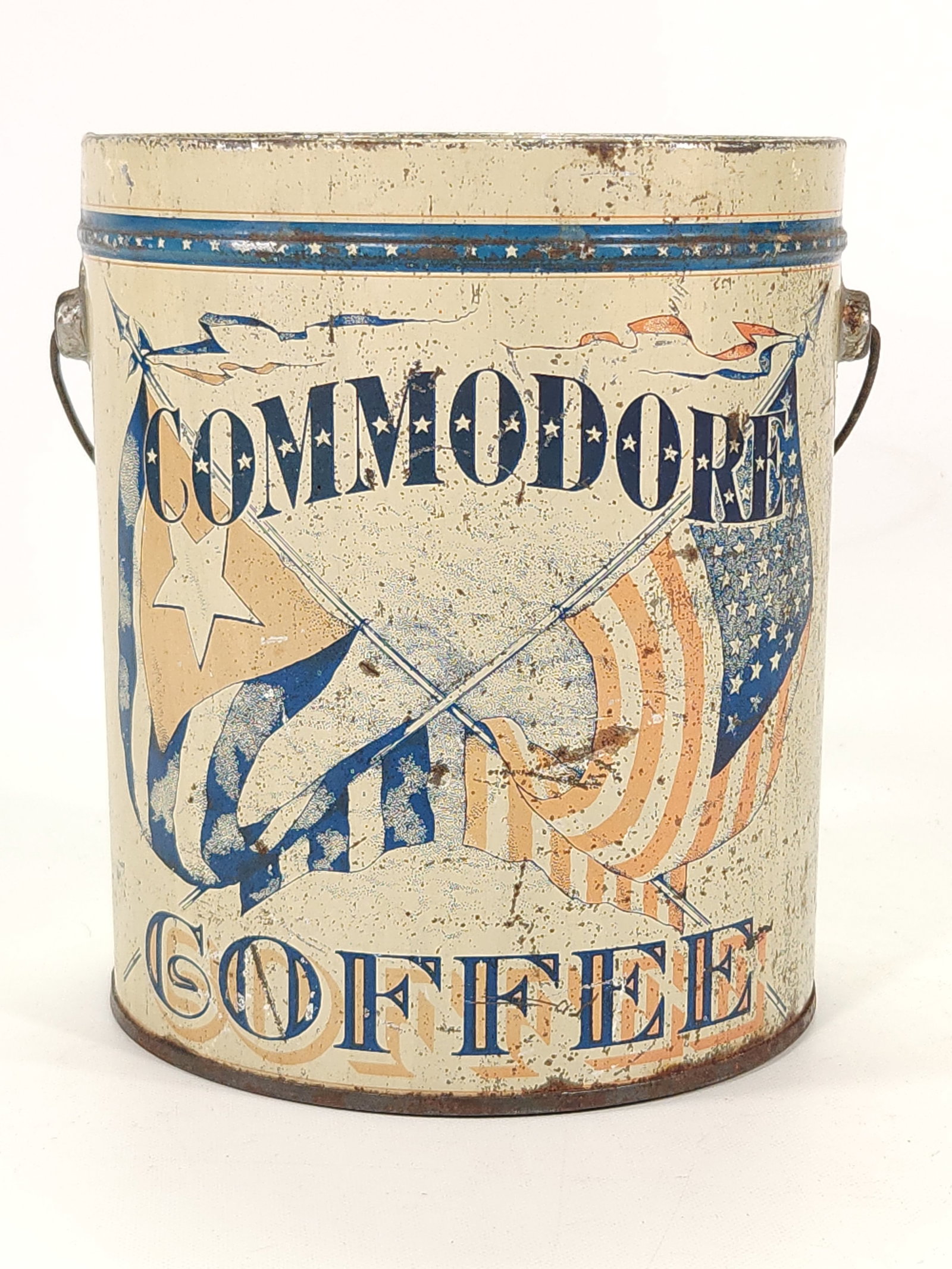 PRESIDENTIAL COMMODORE COFFEE TIN - DEWEY: REMAINS IN FAIR CONDITION, SHOWING WEAR THROUGHOUT. MISSING LID. INCLUDES ORIGINAL HANDLE.