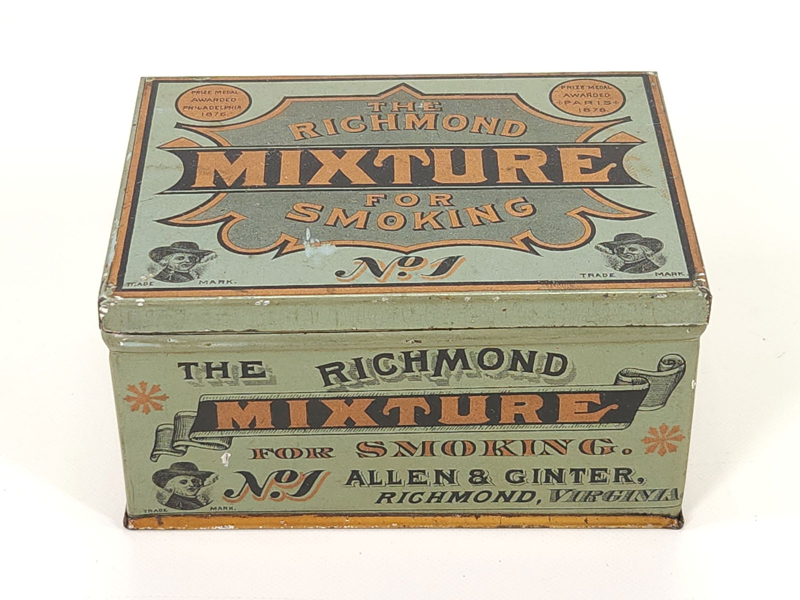 ALLEN & GINTER RICHMOND TOBACCO TIN: REMAINS IN VERY GOOD CONDITION, SHOWING ONLY SOME TYPICAL WEAR.