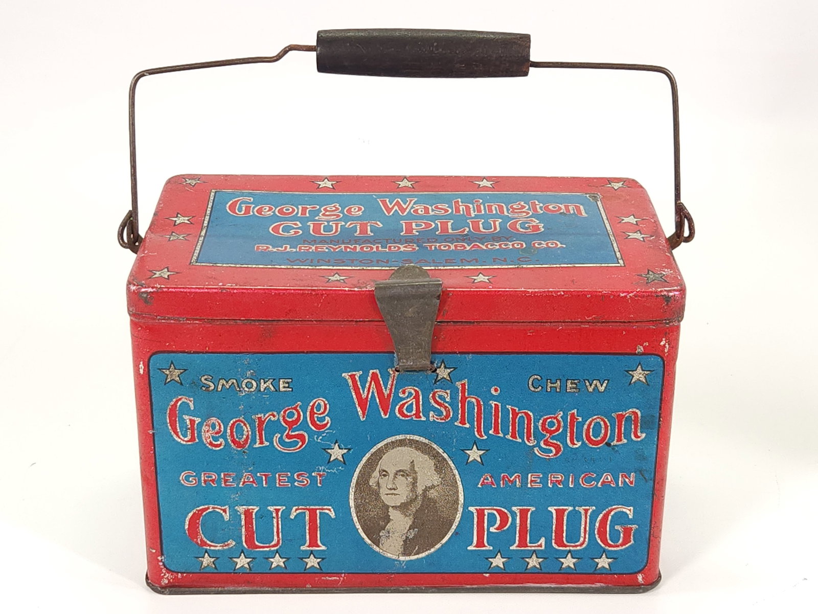 GEORGE WASHINGTON CUT PLUG TOBACCO TIN - LIGHT BLUE: REMAINS IN GOOD CONDITION, SHOWING SOME TYPICAL WEAR.