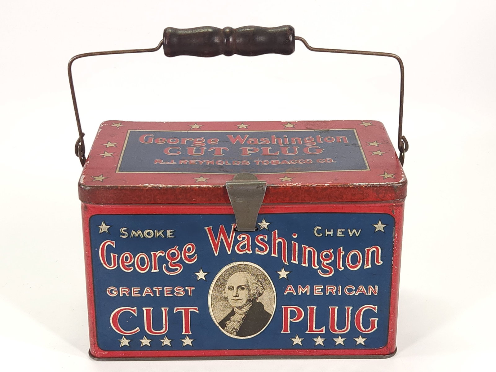 GEORGE WASHINGTON CUT PLUG TOBACCO TIN - MEDIUM BLUE: REMAINS IN GOOD CONDITION, SHOWING SOME TYPICAL WEAR.