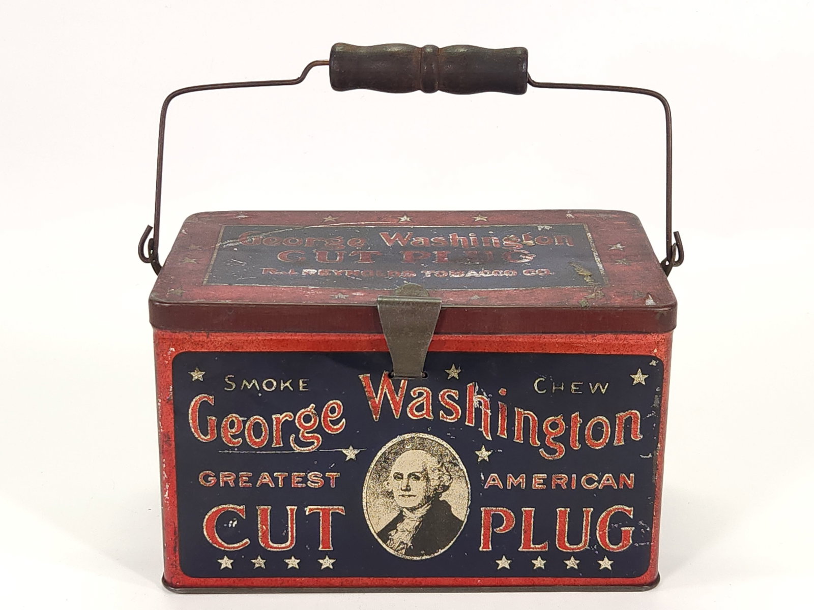 GEORGE WASHINGTON CUT PLUG TOBACCO TIN - DARK BLUE: REMAINS IN GOOD CONDITION, SHOWING SOME TYPICAL WEAR. LID IS DIRTY, NEEDS CLEANED.