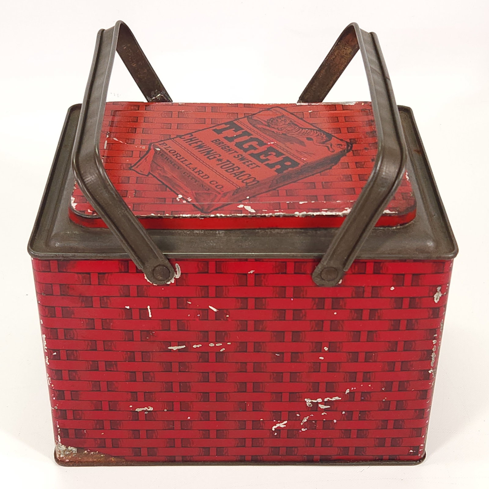 TIGER CHEWING TOBACCO BASKET TIN: REMAINS IN GOOD CONDITION, SHOWING SOME TYPICAL WEAR.