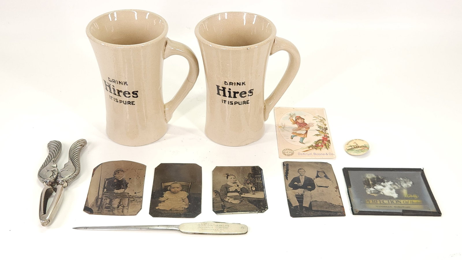 HIRES DRINK MUGS, TINTYPE, ADVERTISING, PINS, SLIDE: ALL ITEMS REMAIN IN GOOD CONDITION, SHOWING SOME TYPICAL WEAR. NO CHIPS OR CRACKS IN MUGS. TINTYPE PHOTOGRAPH SHOWING SOME EDGE TRIMMING.