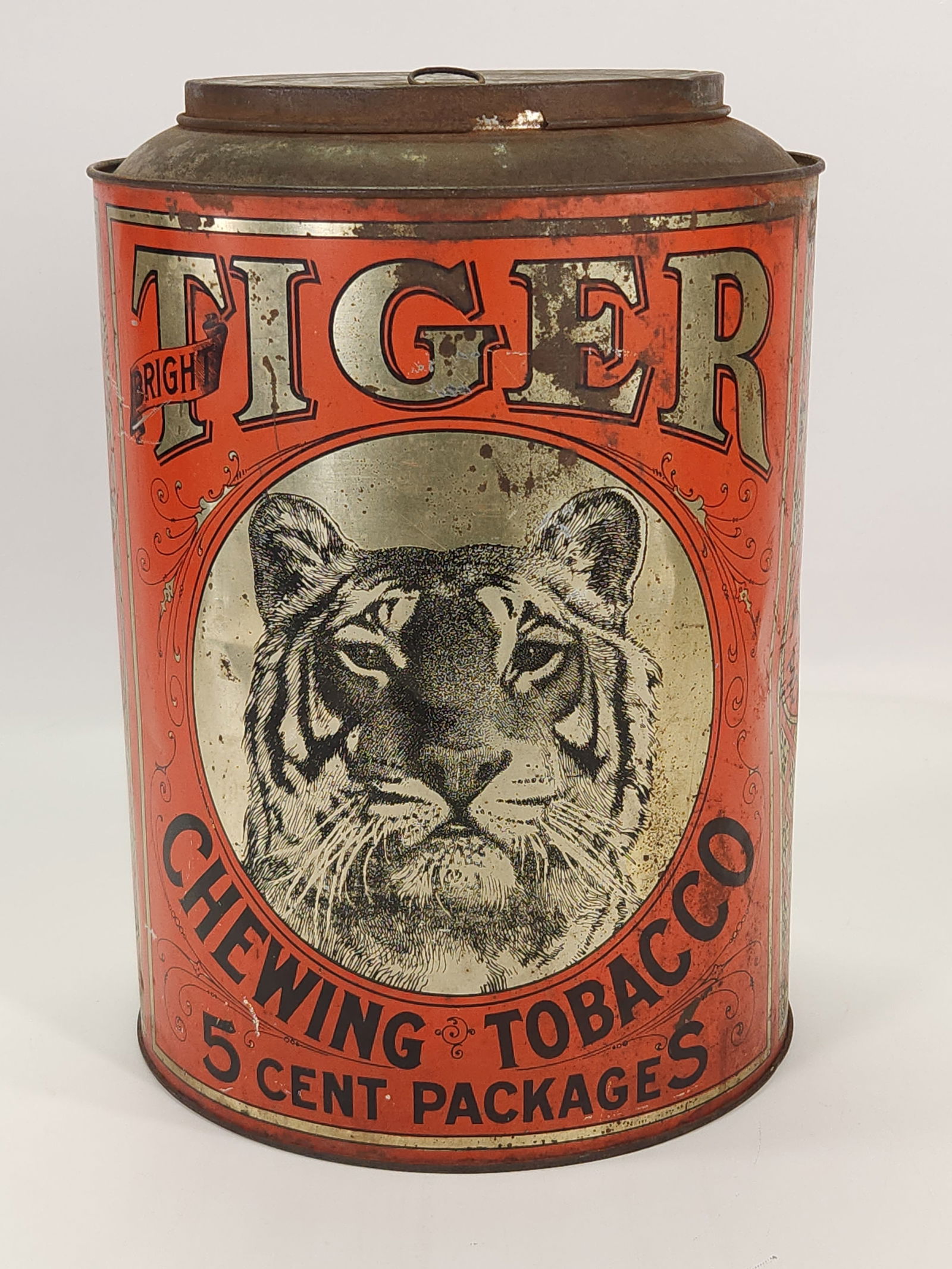 BRIGHT TIGER CHEWING TOBACCO 5 CENT PACKAGES STORE TIN (1 of 2)