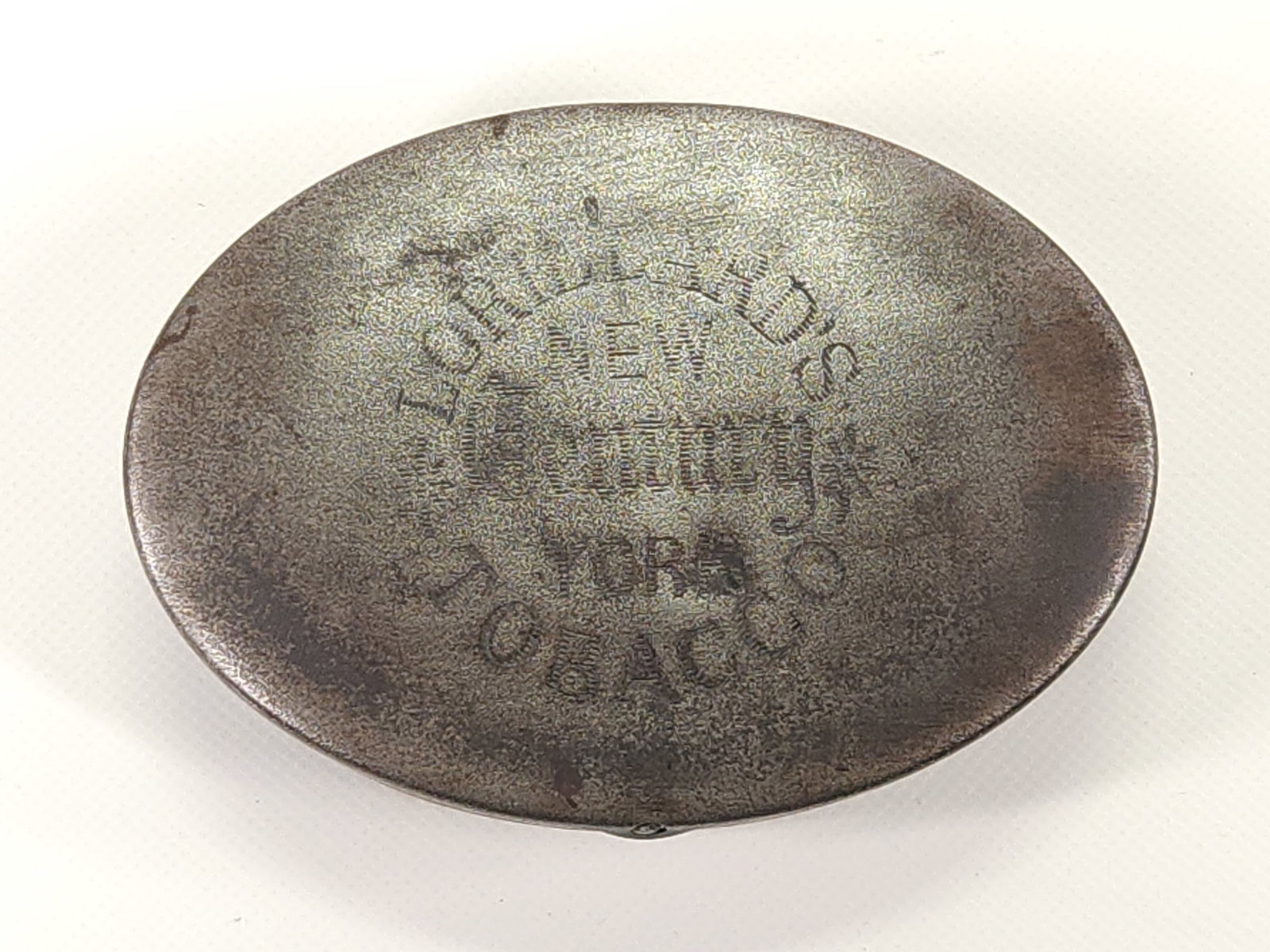 EARLY LORILLARD'S CHEWING TOBACCO TIN NEW YORK: REMAINS IN FAIR TO GOOD CONDITION, SHOWING TYPICAL WEAR CONSISTENT WITH AGE AND USE.
