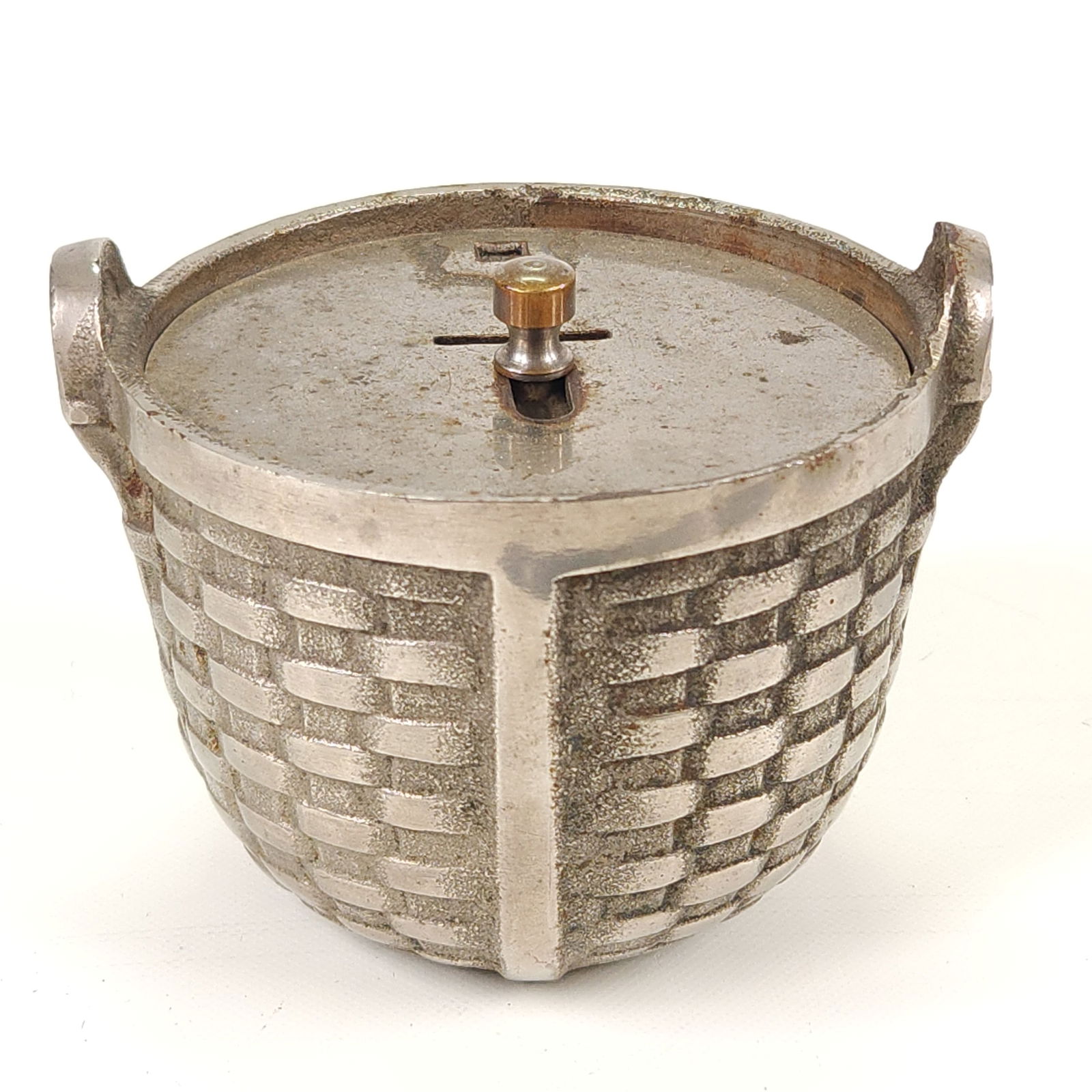 CAST IRON NICKEL PLATED BASKET STILL BANK (1 of 4)