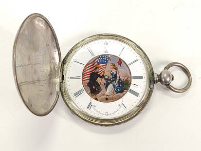 ANTIQUE POCKET WATCH W/ PAINTED SOLDIER LIBERTY SCENE: REMAINS IN GOOD CONDITION, SHOWING SOME TYPICAL USAGE WEAR. CURRENTLY NOT RUNNING.