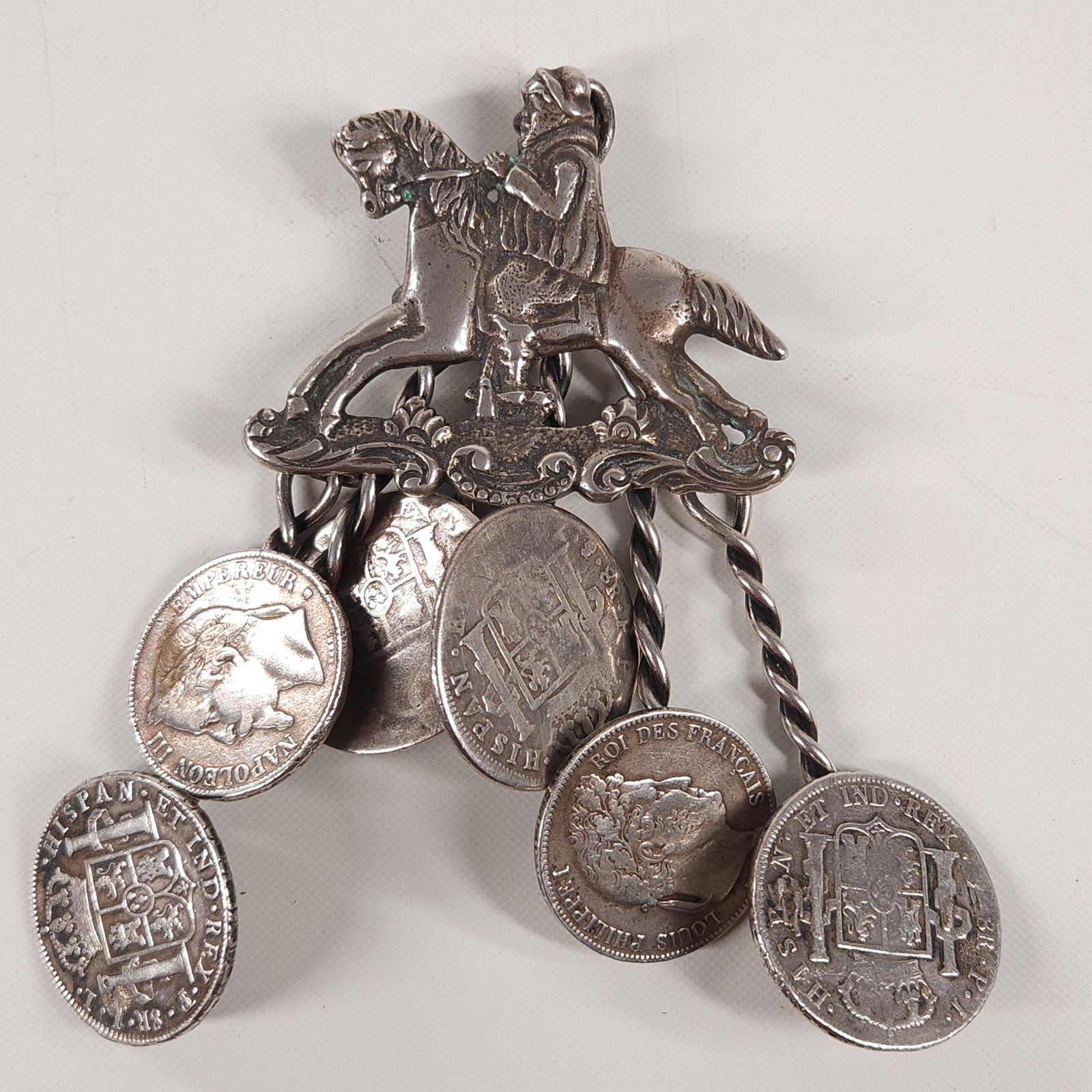 ANTIQUE SILVER BUCKLE W/ ATTACHED COINS: REMAINS IN FAIR TO GOOD CONDITION, SHOWING WEAR.