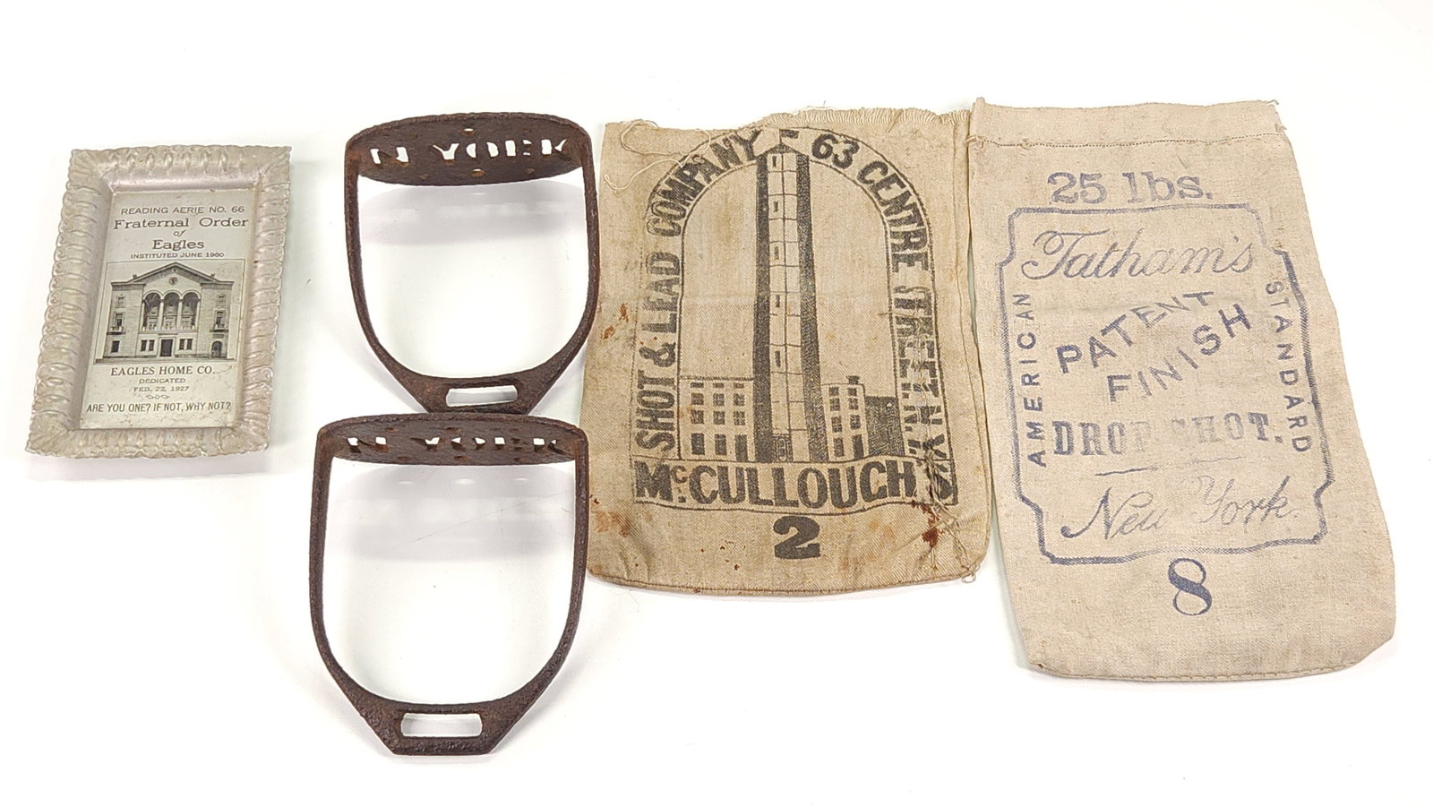 2) ADVERTISING SHOT & LEAD BAGS, FRATERNAL TRAY, NY STIRRUP (1 of 5)
