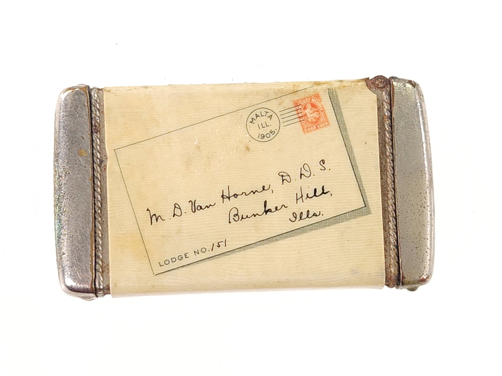 M.D. VAN HORNE BUNKER HILL ILLS. MASONIC MATCH SAFE (1 of 4)