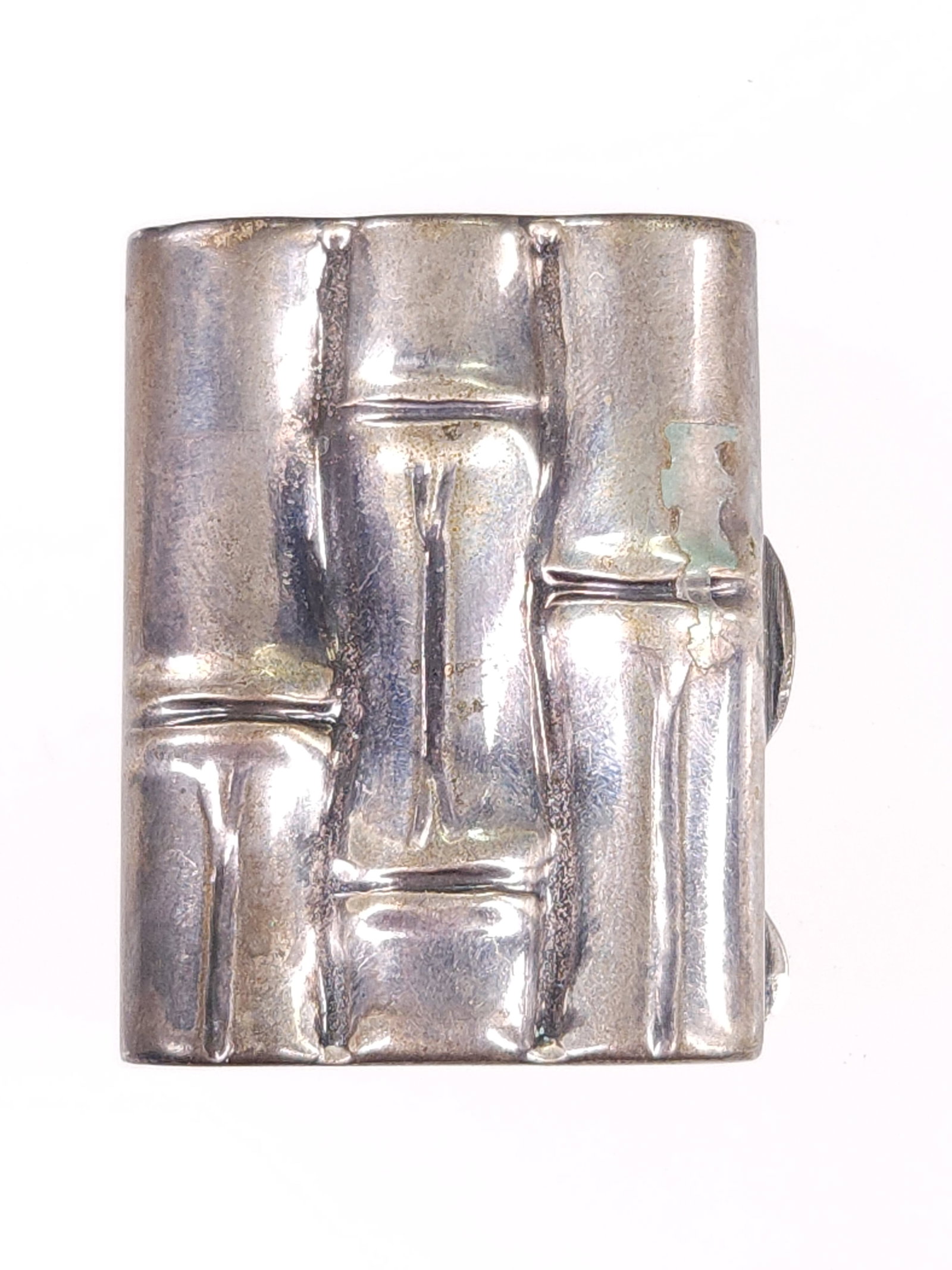 STERLING SILVER BAMBOO MATCH SAFE: REMAINS IN GOOD CONDITION, SHOWING SOME TYPICAL WEAR.