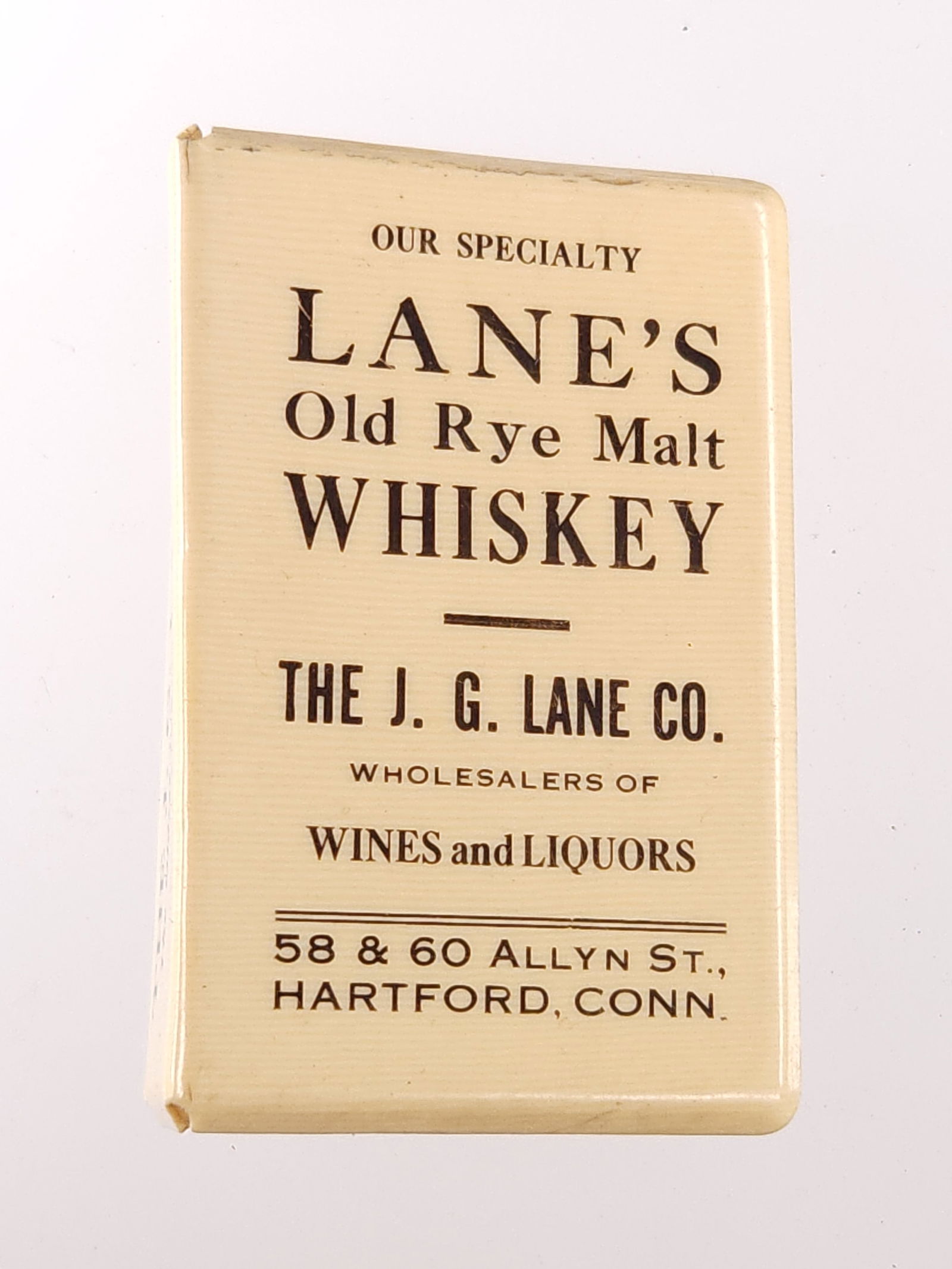 J. G. LANE CO. OLD RYE MALT WHISKEY CELLULOID MATCH SAFE (1 of 4)
