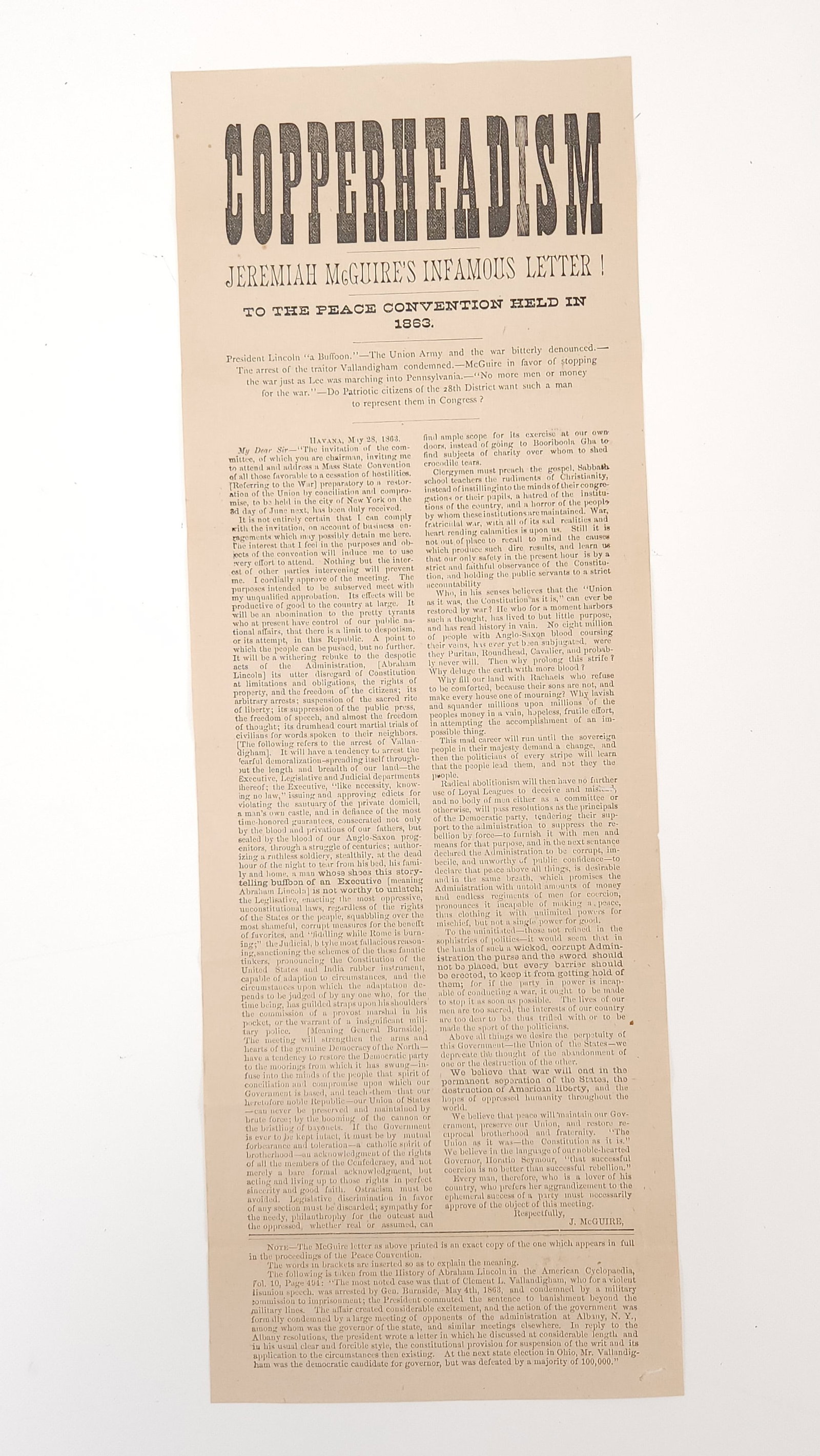 ORIGINAL 1863 COPPERHEADISM POSTER: REMAINS IN GOOD CONDITION, SHOWING ONLY SOME TYPICAL WEAR.