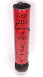 RED LEADER CHEWING TOBACCO TIN DISPLAY: REMAINS IN GOOD CONDITION, SHOWING SOME TYPICAL