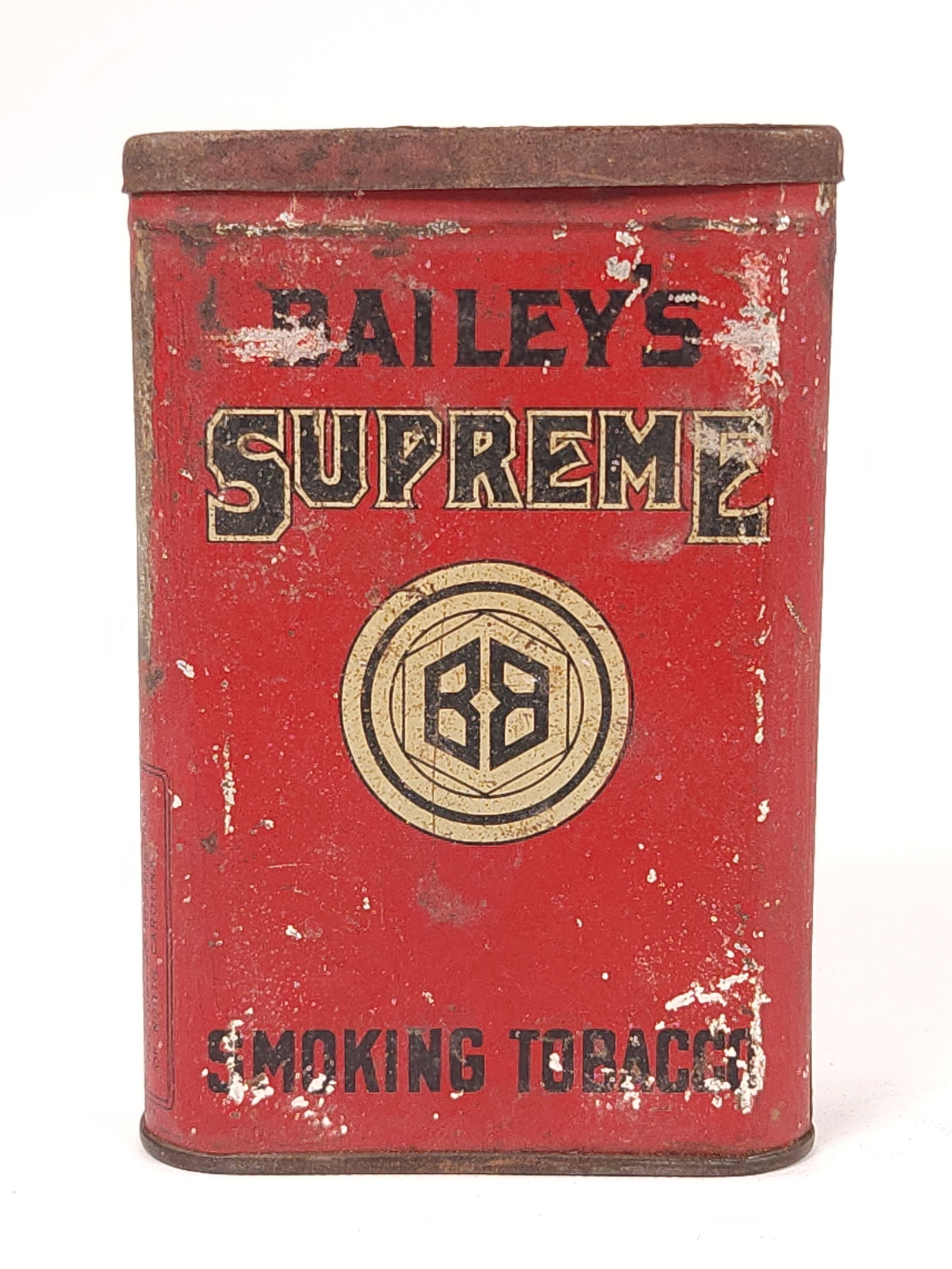 BAILEY'S SUPREME SMOKING TOBACCO TIN: REMAINS IN FAIR CONDITION, SHOWING WEAR THROUGHOUT.