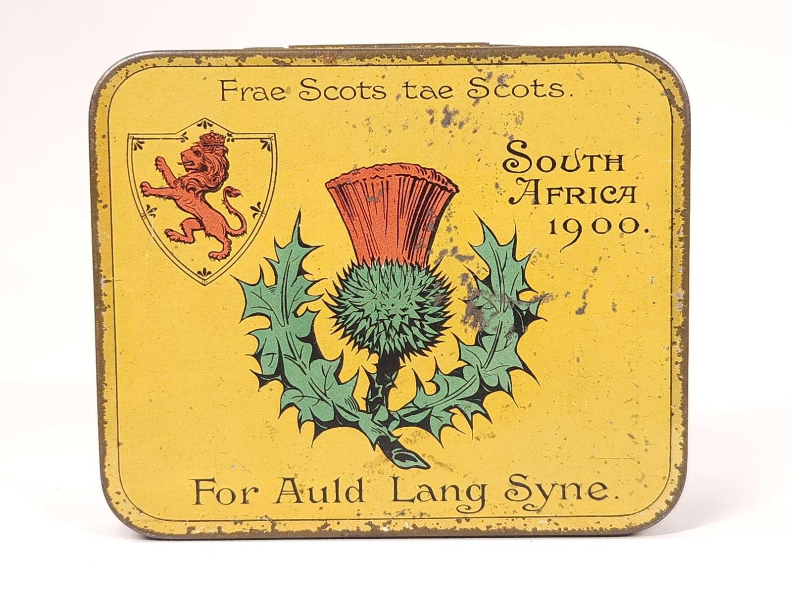 FRAE SCOTS TAE COTS SOUTH AFRICA TOBACCO TIN: REMAINS IN FAIR TO GOOD CONDITION, SHOWING SOME TYPICAL WEAR.